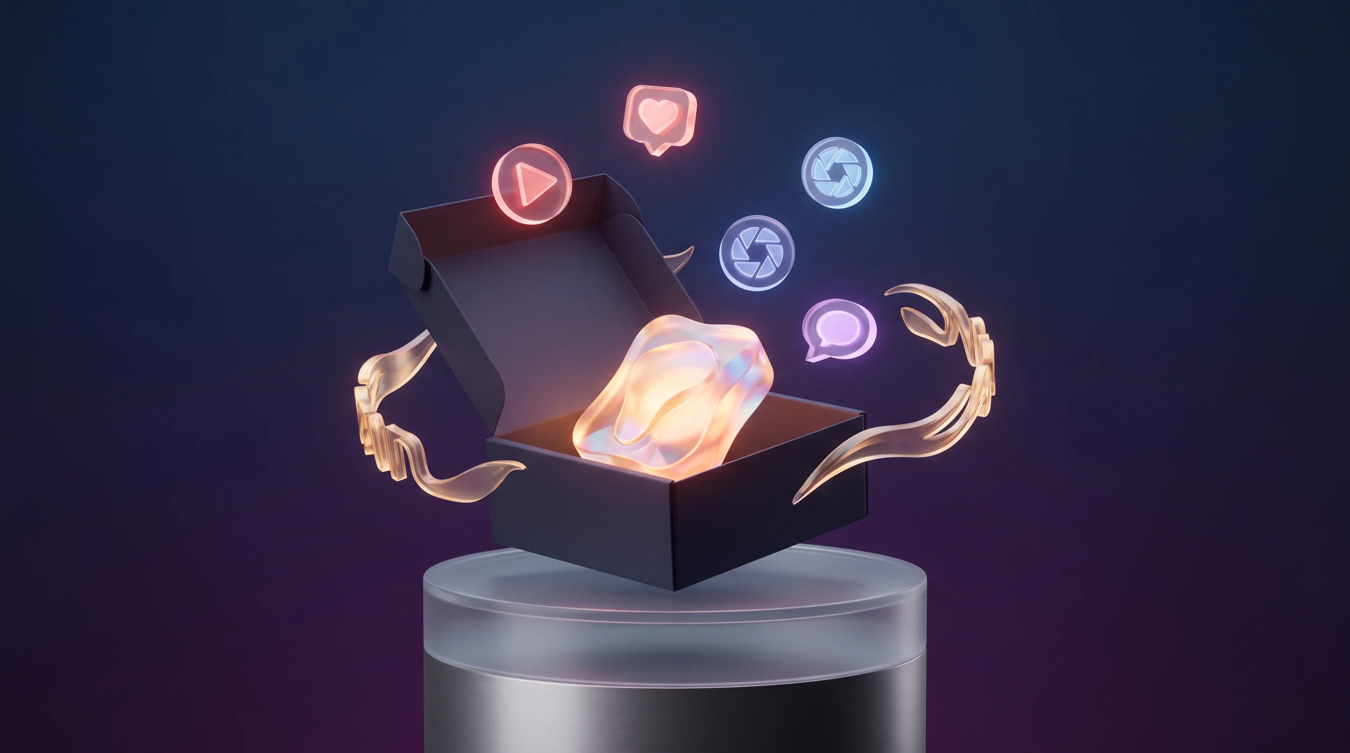 Digital illustration for article section "Content Section 3" in "Lumeria launches $199 skin scanner for at-home analysis" - A sleek, modern shipping box resting on a minimal, smooth pedestal, gently opening to reveal a radia...