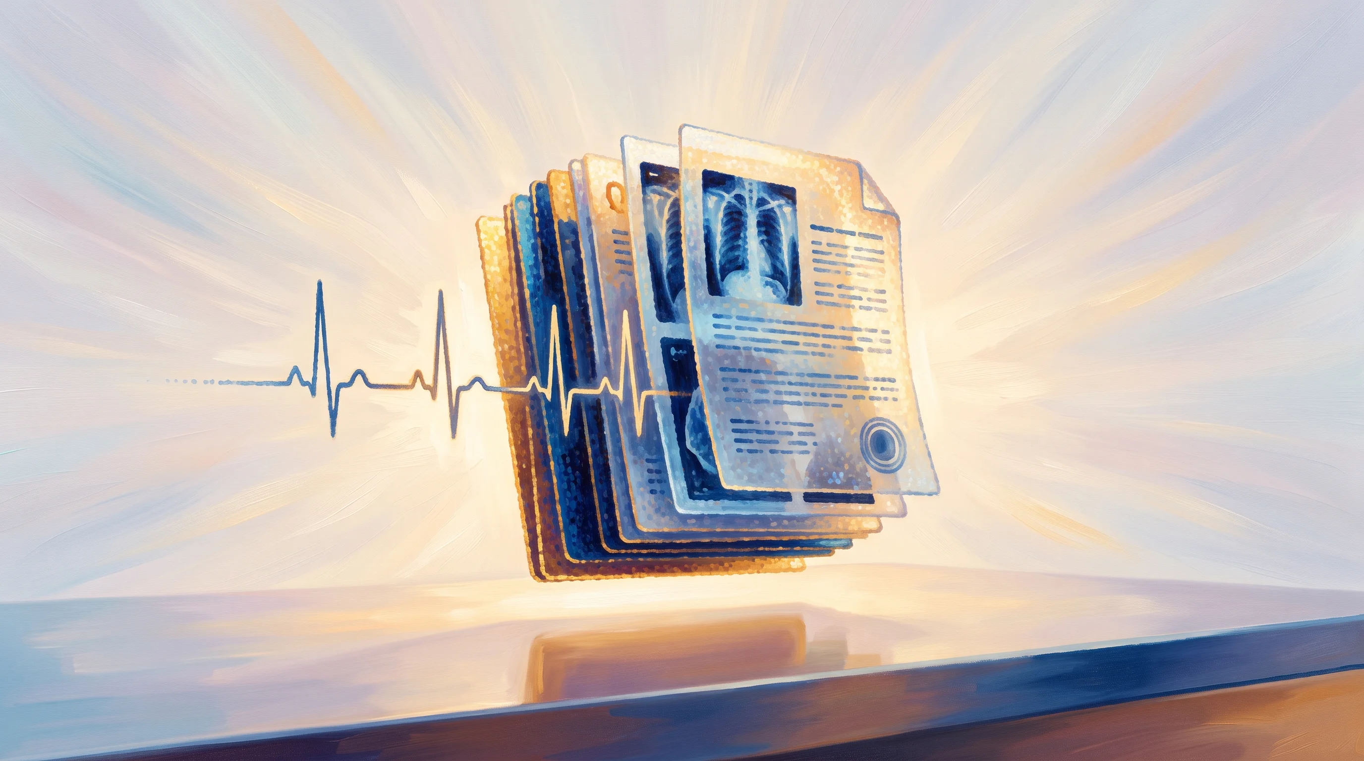 Digital illustration for article section "Content Section 2" in "Metriport raises $26M to unify real-time medical records" - A conceptual and minimalist representation of instant access to medical data, featuring a single, el...
