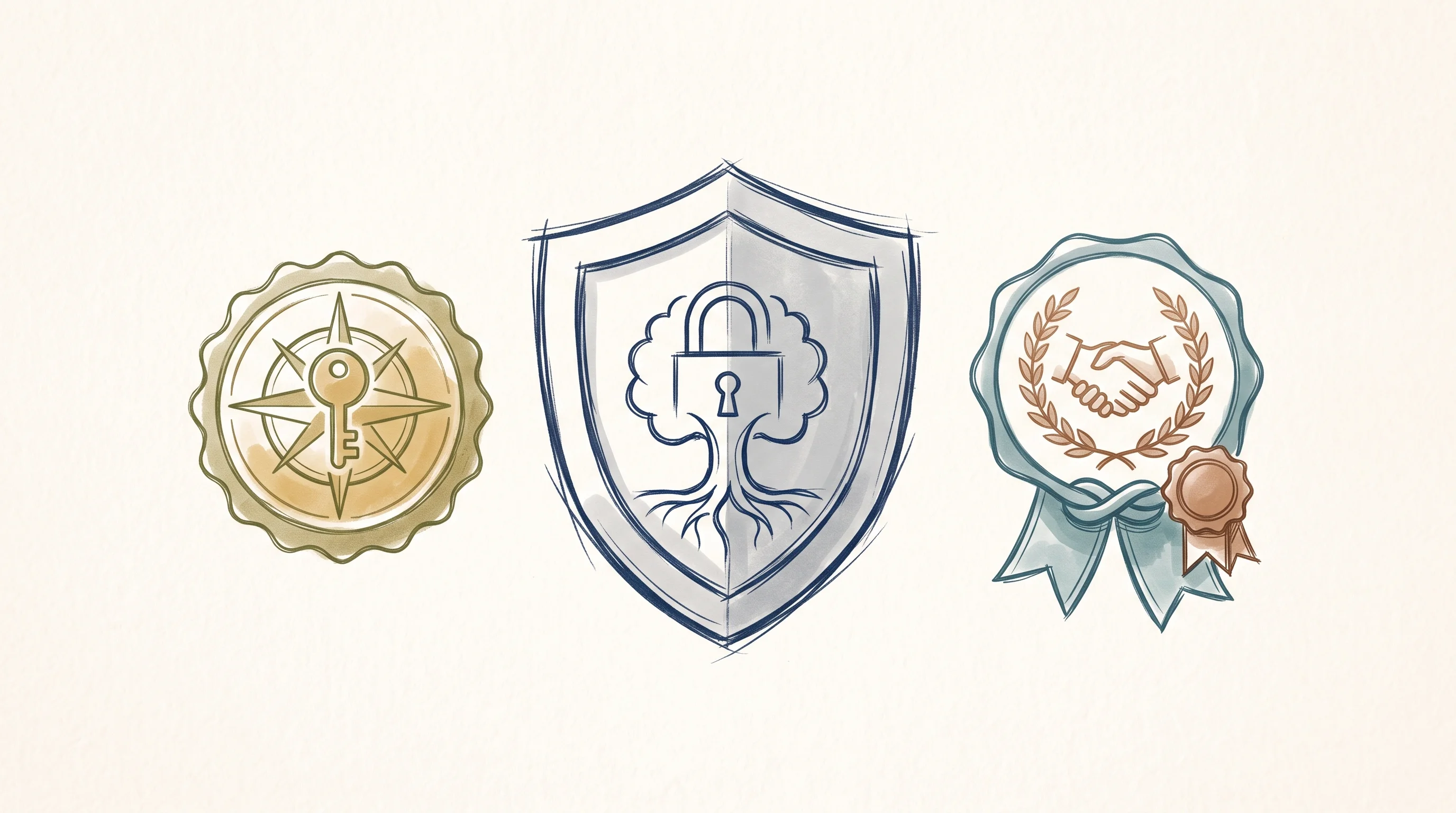 Digital illustration for article section "Content Section 3" in "eComID raises $17M to build Shopping Passport for fashion" - A clean, minimalist composition featuring a central, stylized security shield accompanied by two off...