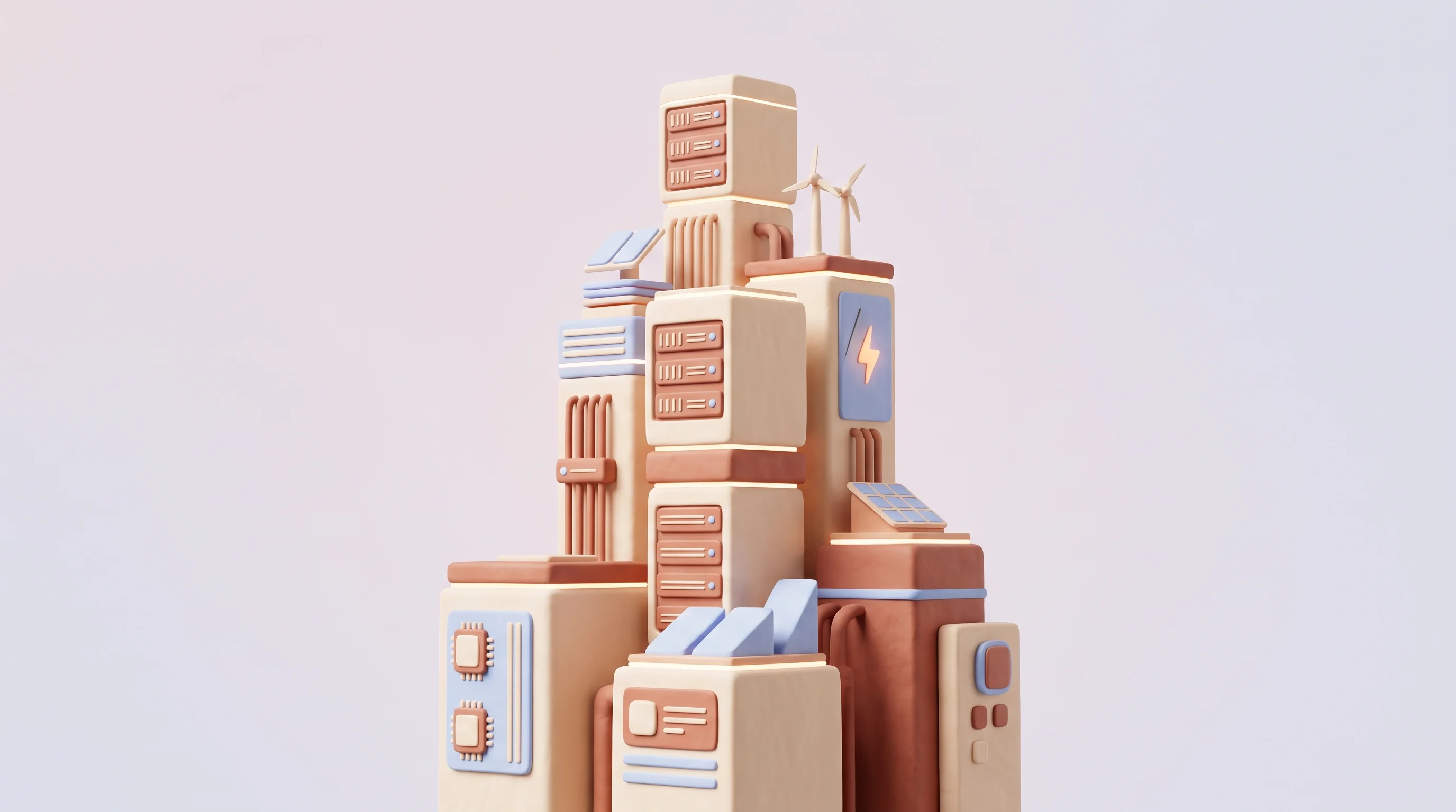 Digital illustration for article section "Content Section 5" in "Marengo launches AI-native data center design platform" - A clean, minimalist 3D conceptual model of a rapidly expanding modern data center facility, symboliz...
