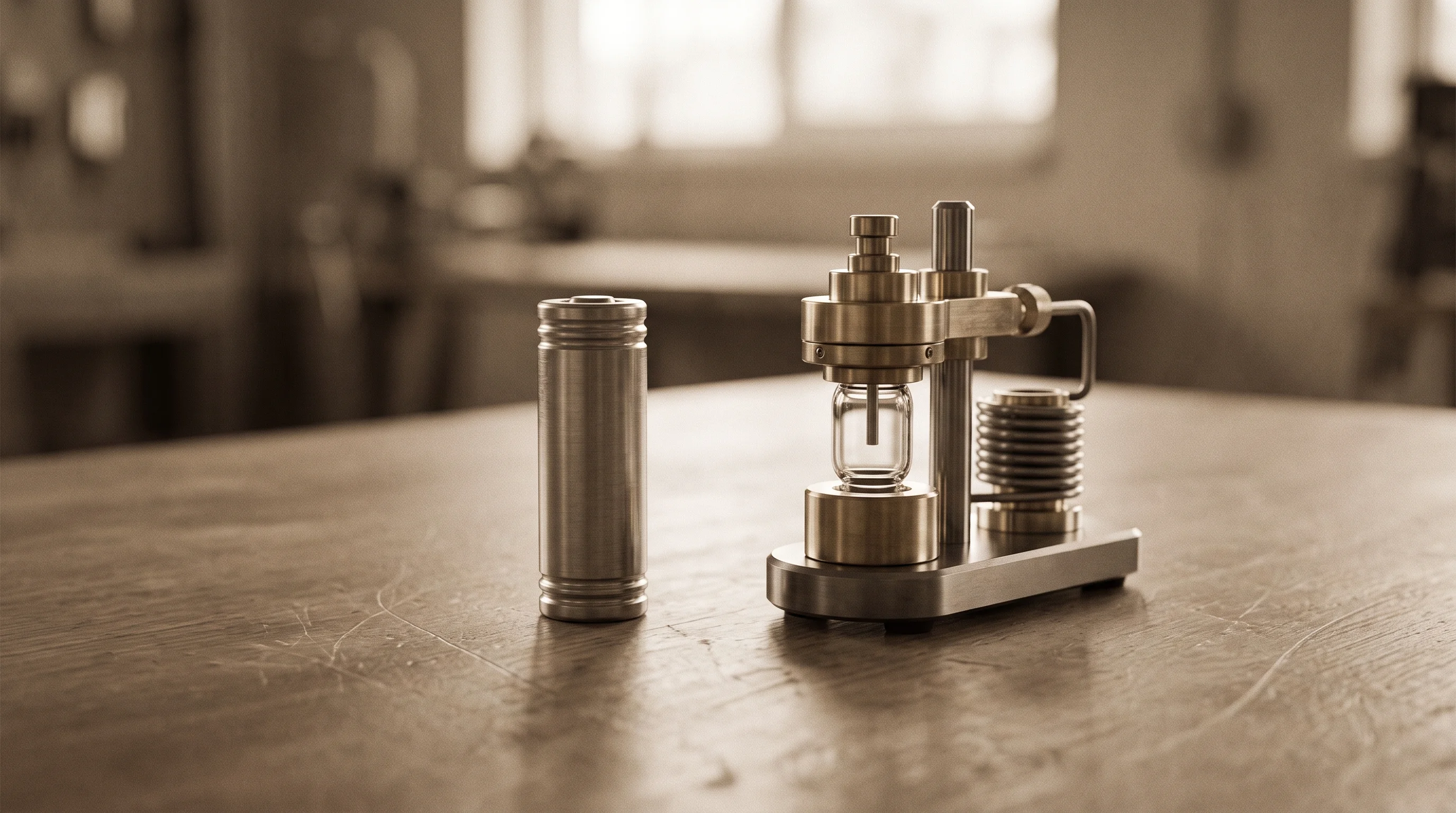 Digital illustration for article section "Content Section 2" in "Mass Magnetics launches recycled rare-earth magnets in USA" - A conceptual, clean makerspace workbench featuring a solitary, beautifully crafted cylindrical batte...