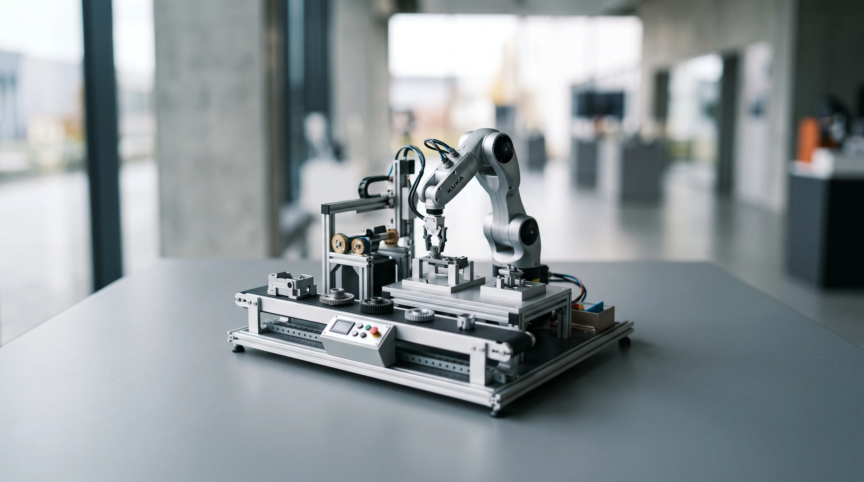 Digital illustration for article section "Simulation Gets Real" in "Maingen launches AI benchmark for industrial operations" - A highly detailed, pristine miniature diorama of a modern industrial operation, visually representin...
