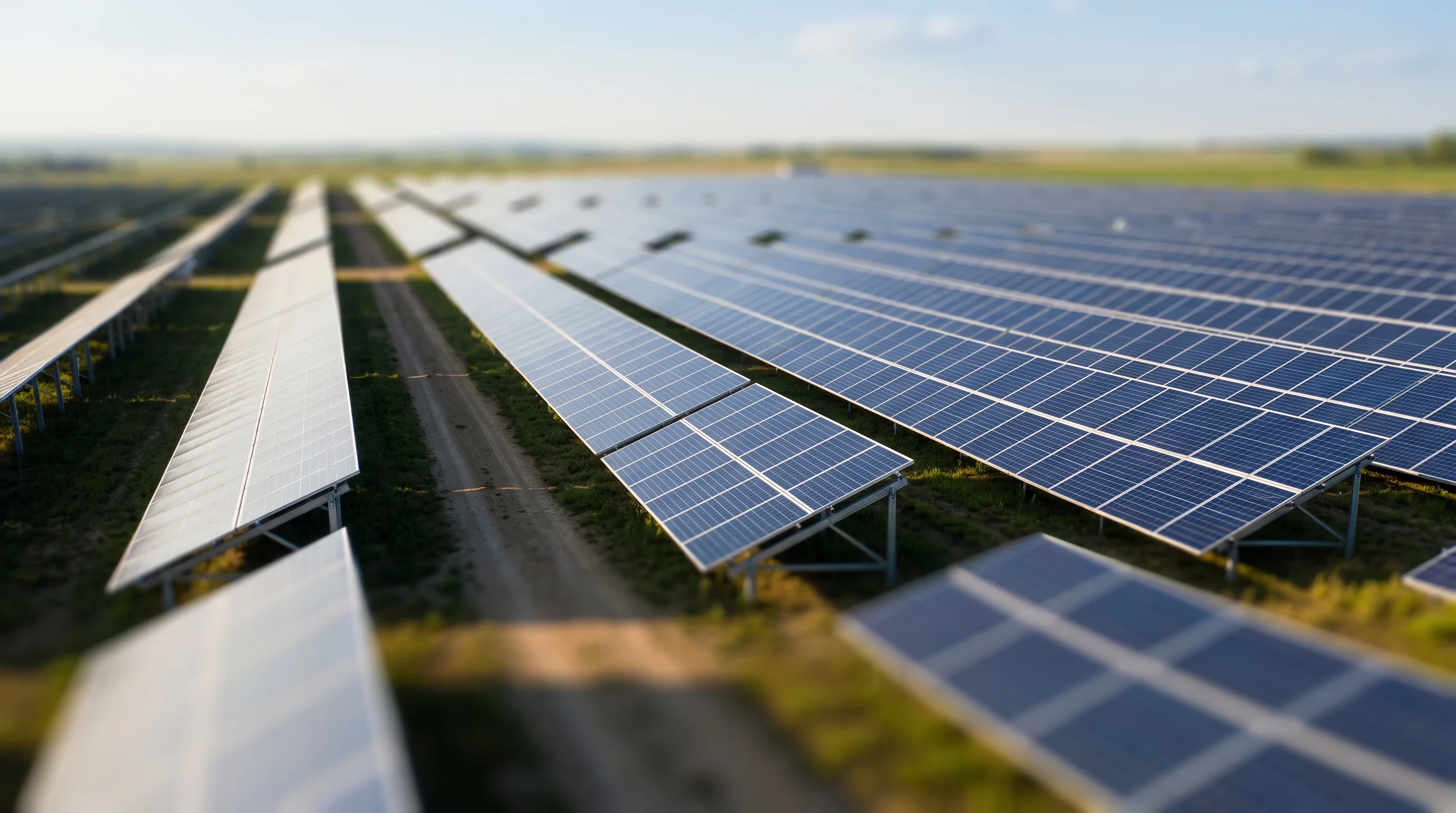 Digital illustration for article section "Solar's Moment Creates Urgency" in "Maingen launches AI benchmark for industrial operations" - A pristine, modern utility-scale solar farm captured through a creative miniature and tilt-shift pho...