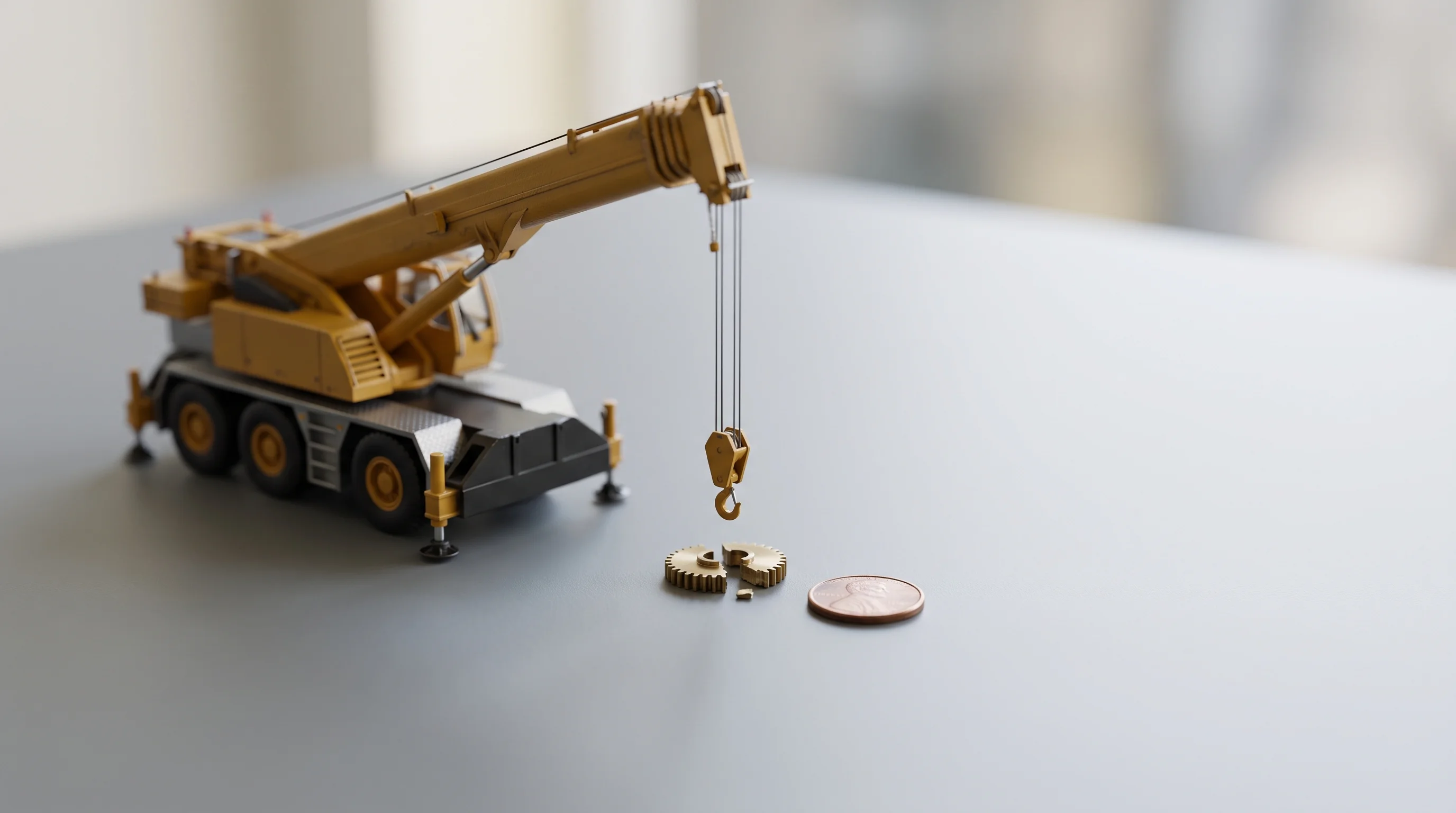 Digital illustration for article section "When Efficiency Meets Reality" in "Maingen launches AI benchmark for industrial operations" - A tilt-shift, macro-photography view of a conceptual miniature world illustrating an absurd economic...