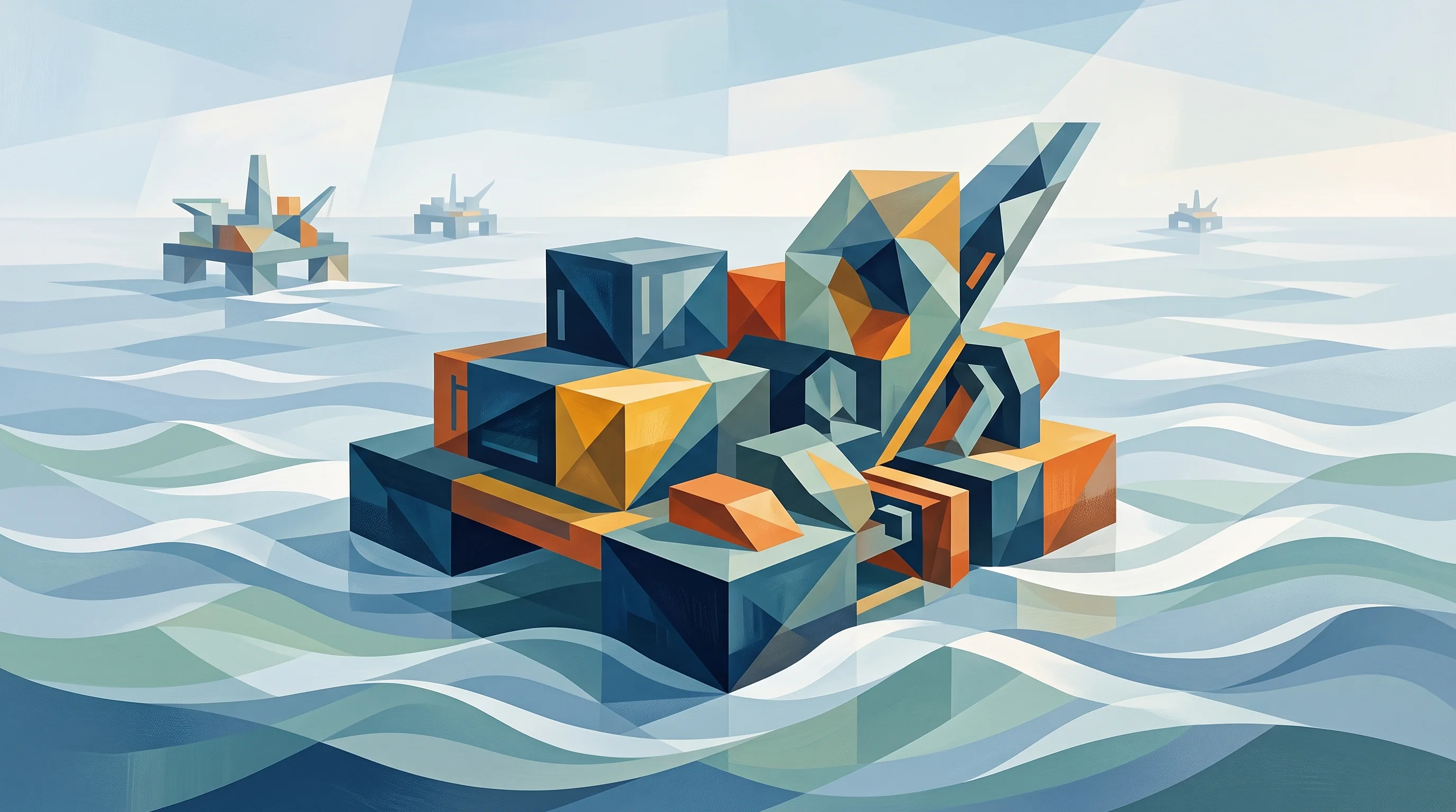 Digital illustration for article section "The Offshore Field Is Getting Crowded" in "Atomarine plans floating nuclear data centers at sea" - A clean, minimalist composition featuring a modern, modular floating platform resting on the ocean s...