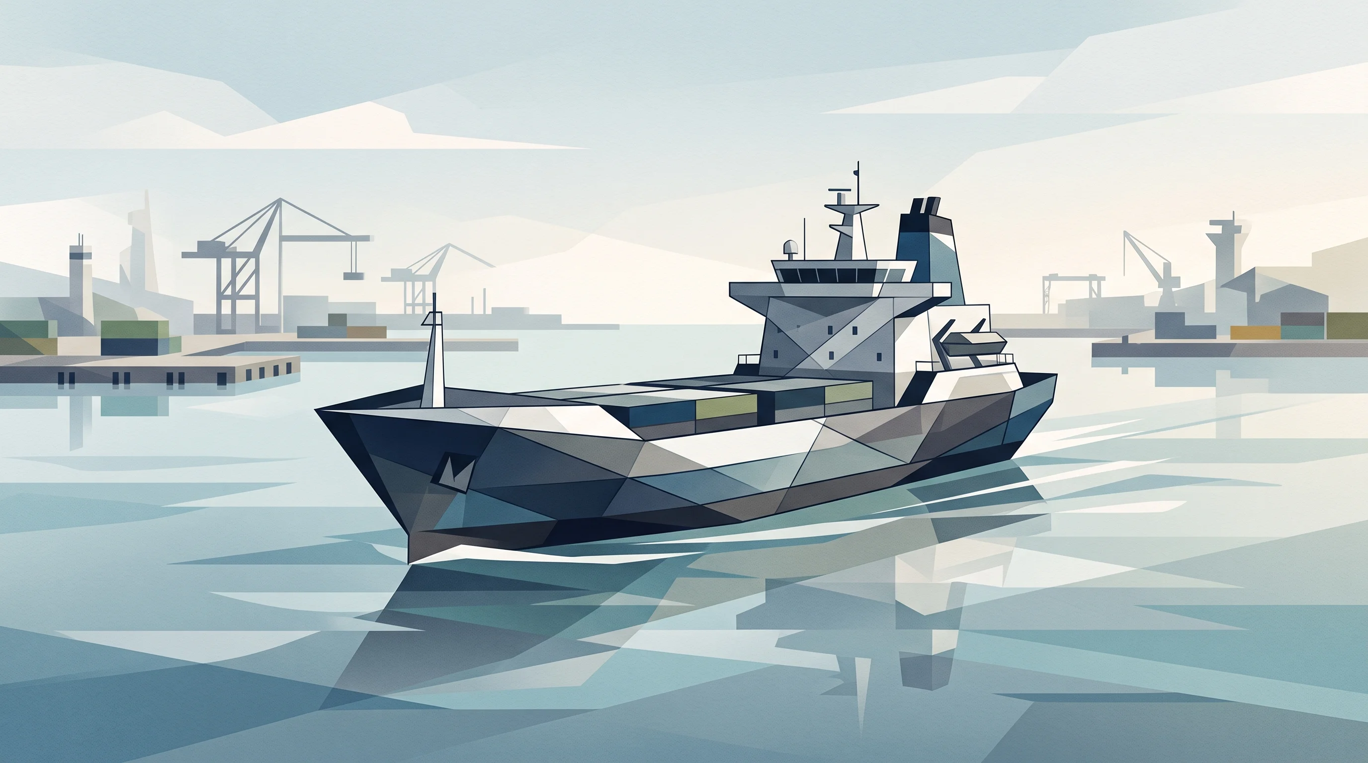 Digital illustration for article section "Nuclear Ships Are Coming Back, Maybe" in "Atomarine plans floating nuclear data centers at sea" - A minimalist and conceptual illustration of an advanced, modern maritime vessel on calm waters, repr...