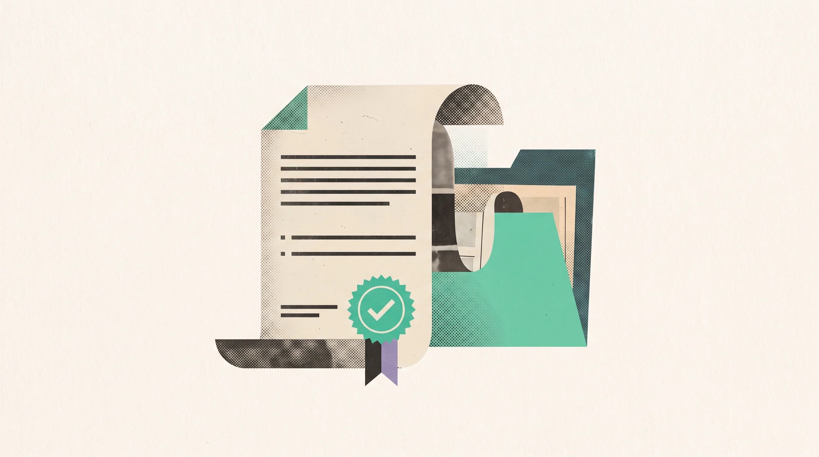 Digital illustration for article section "Content Section 2" in "Talksign launches marketplace for sign language AI datasets" - A conceptual, minimal composition focusing on a stylized legal document and a verification seal, vis...