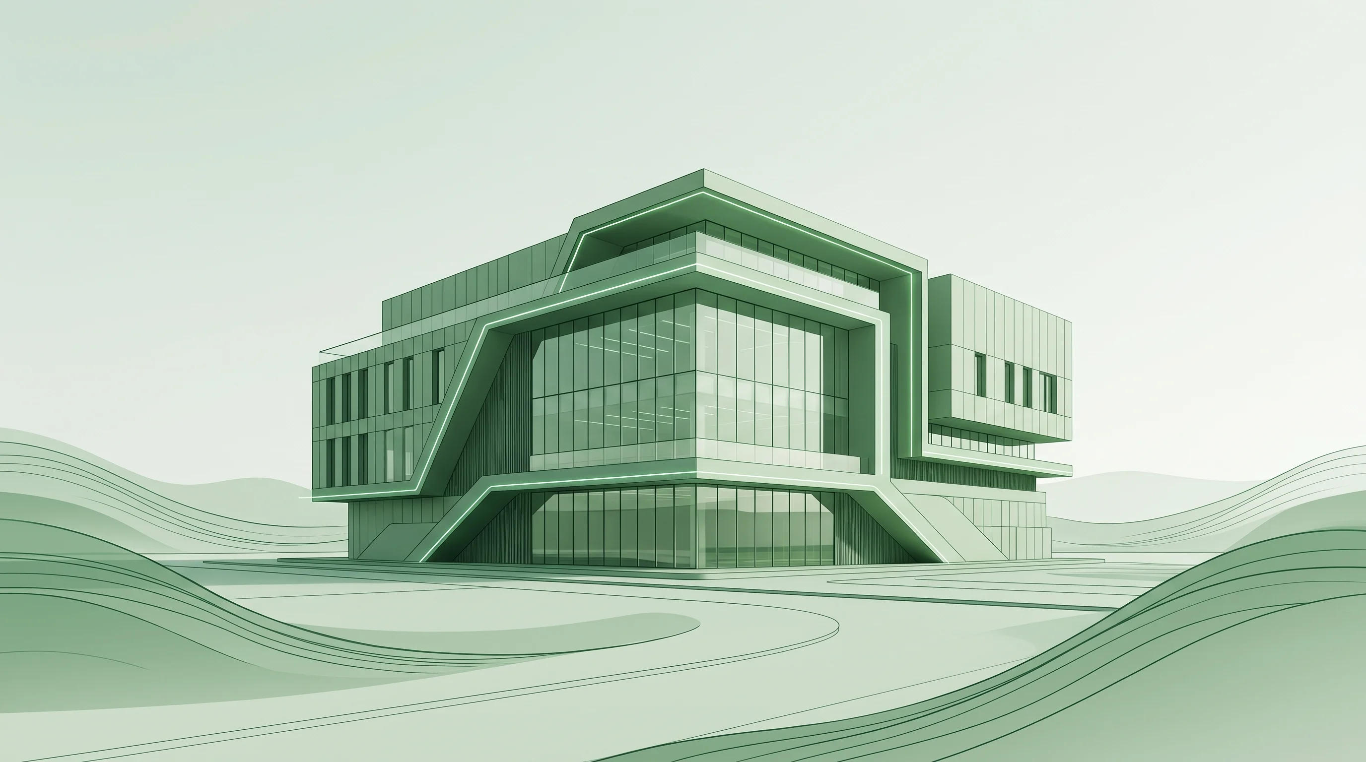 Digital illustration for article section "Content Section 5" in "Roma AI raises $1.2M to democratize conversational AI in LatAm" - A minimalist and modern architectural visualization of a sleek tech incubator office building repres...