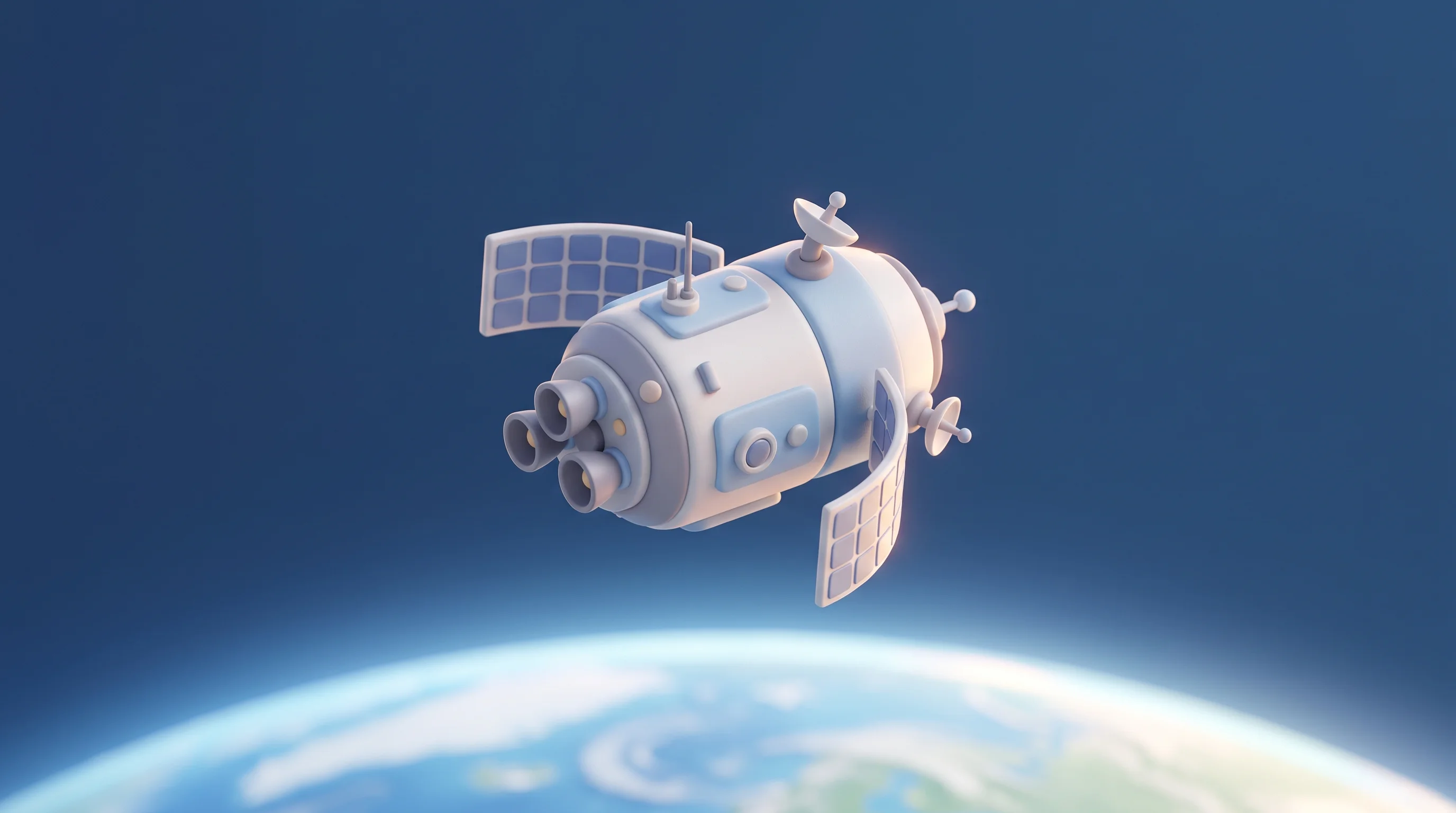 Digital illustration for article section "Content Section 2" in "InspeCity raises ₹100Cr for four satellite repair missions" - A stylized, miniature 3D model of a modern space propulsion unit floating peacefully in a clean, unc...