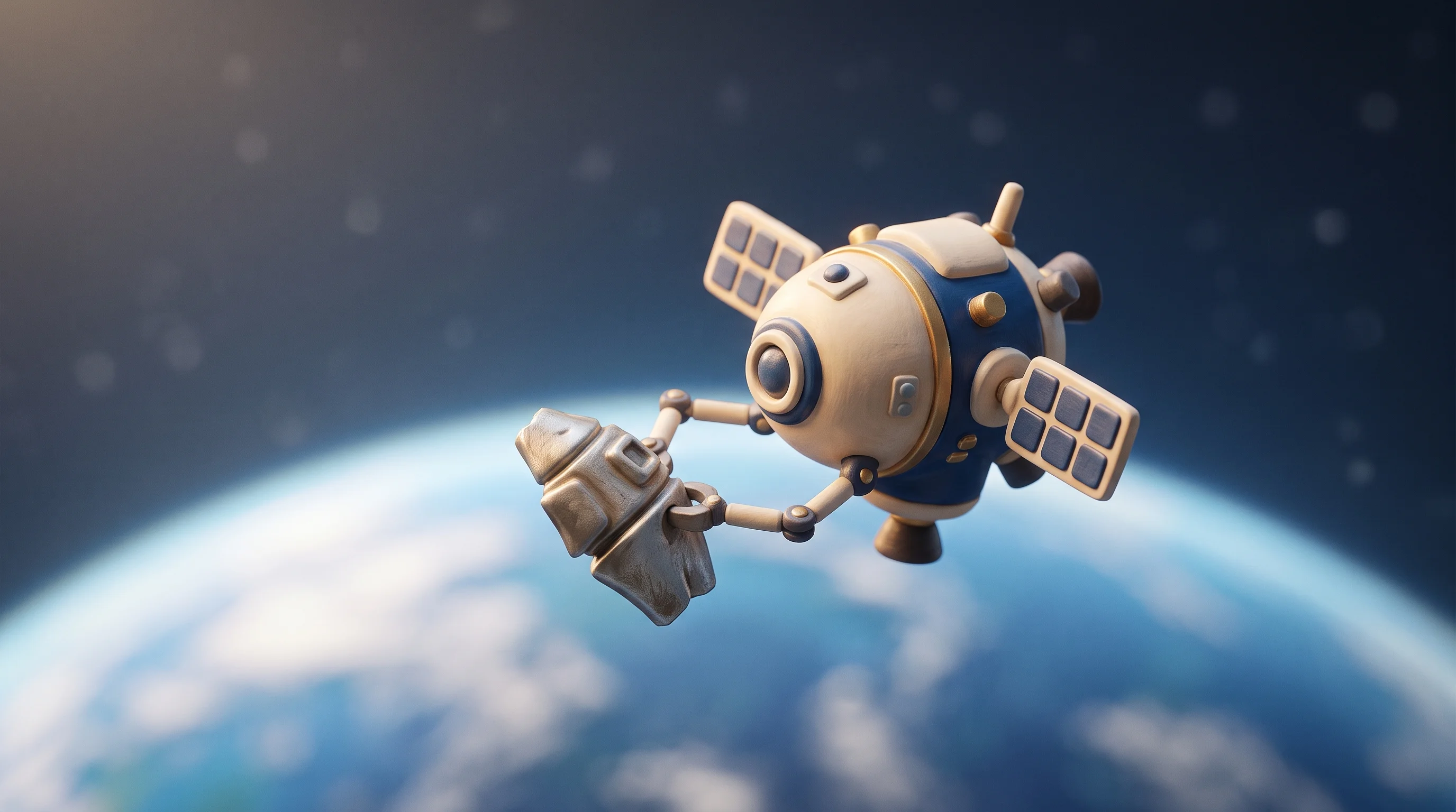 Digital illustration for article section "Content Section 4" in "InspeCity raises ₹100Cr for four satellite repair missions" - A minimalist and clean composition featuring a highly detailed, miniature 3D model of a servicing sp...