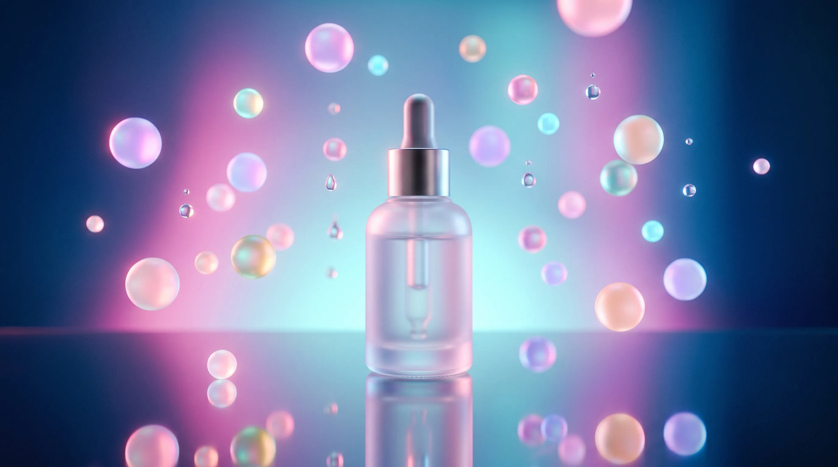 Digital illustration for article section "Early Adopters and Validation Efforts" in "Rasyn launches AI workspace for chemical formulation" - A sleek, minimalist cosmetic serum bottle crafted from frosted, sustainable glass resting on a perfe...