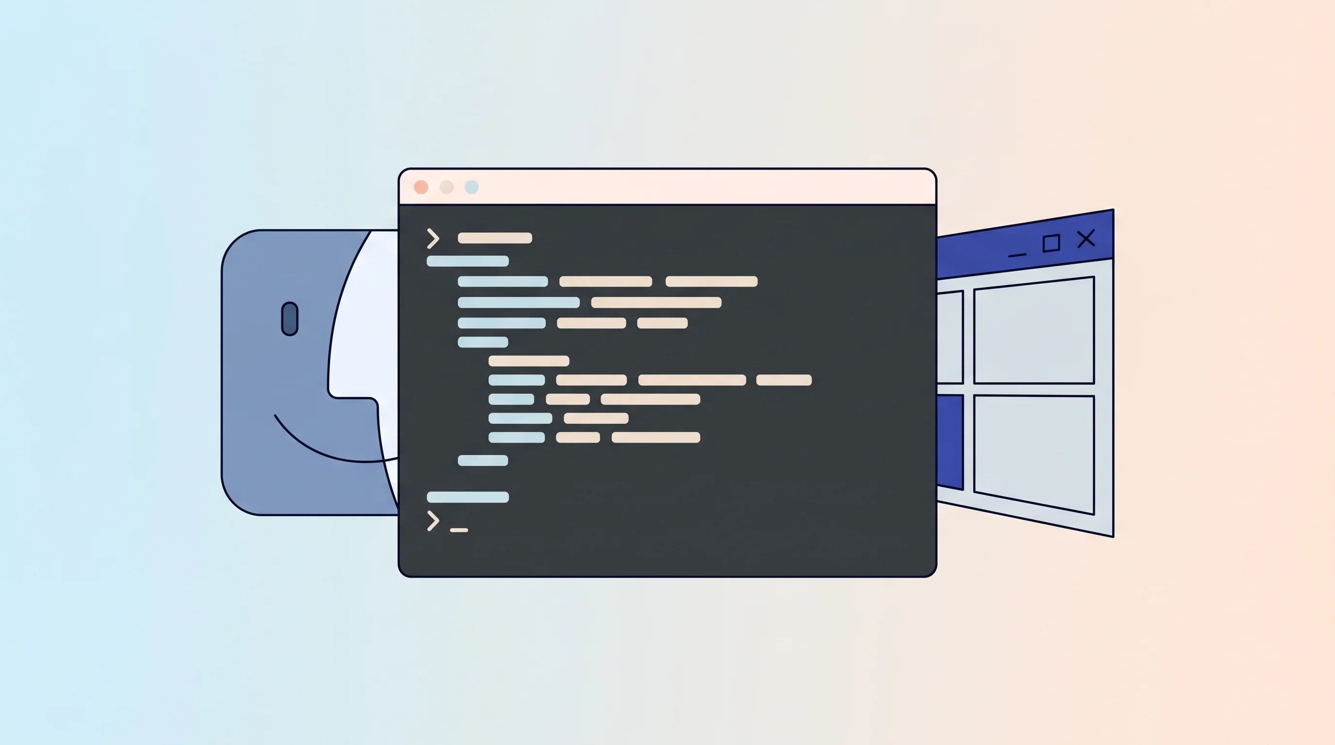 Digital illustration for article section "Content Section 3" in "Auto-Company launches 14 AI agents to build startups 24/7" - A minimalist, flat design illustration of a sleek, abstract computer terminal window floating centra...