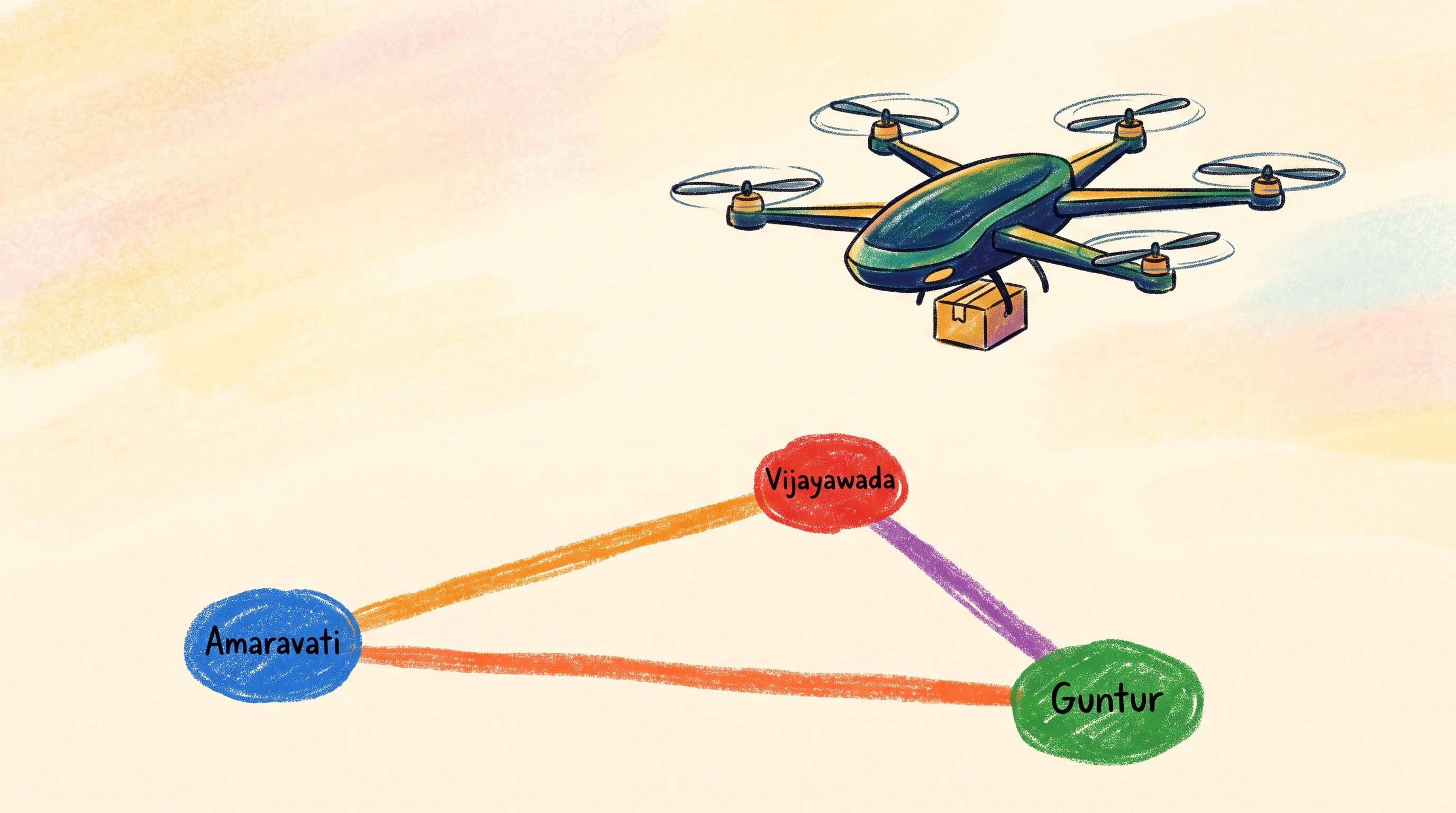 Digital illustration for article section "Content Section 3" in "Airbound raises $37M to scale autonomous cargo delivery drones" - A conceptual illustration of a sleek delivery drone flying above a minimalist map featuring three di...