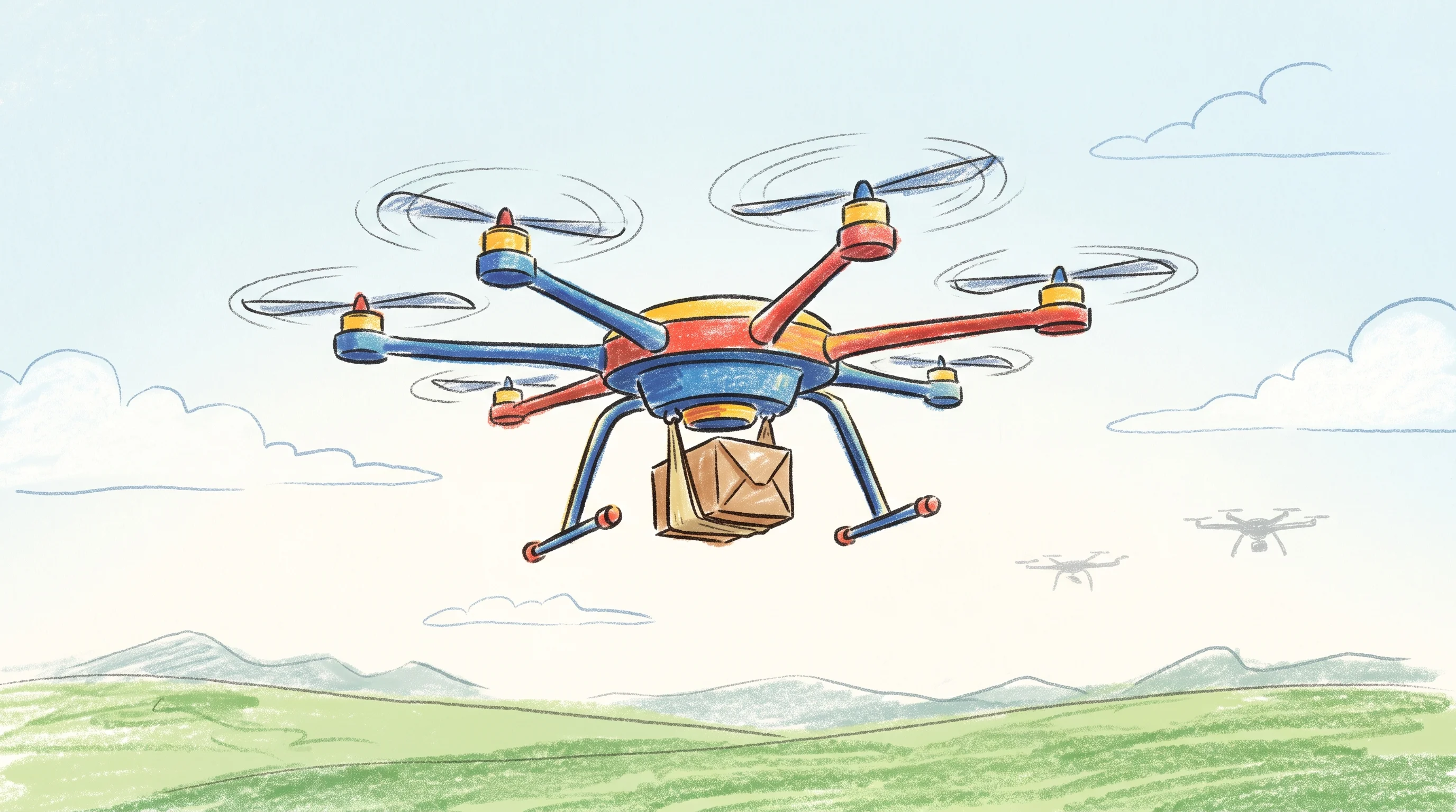 Digital illustration for article section "Content Section 5" in "Airbound raises $37M to scale autonomous cargo delivery drones" - A conceptual illustration of a modern delivery drone carrying a small package mid-flight against a c...