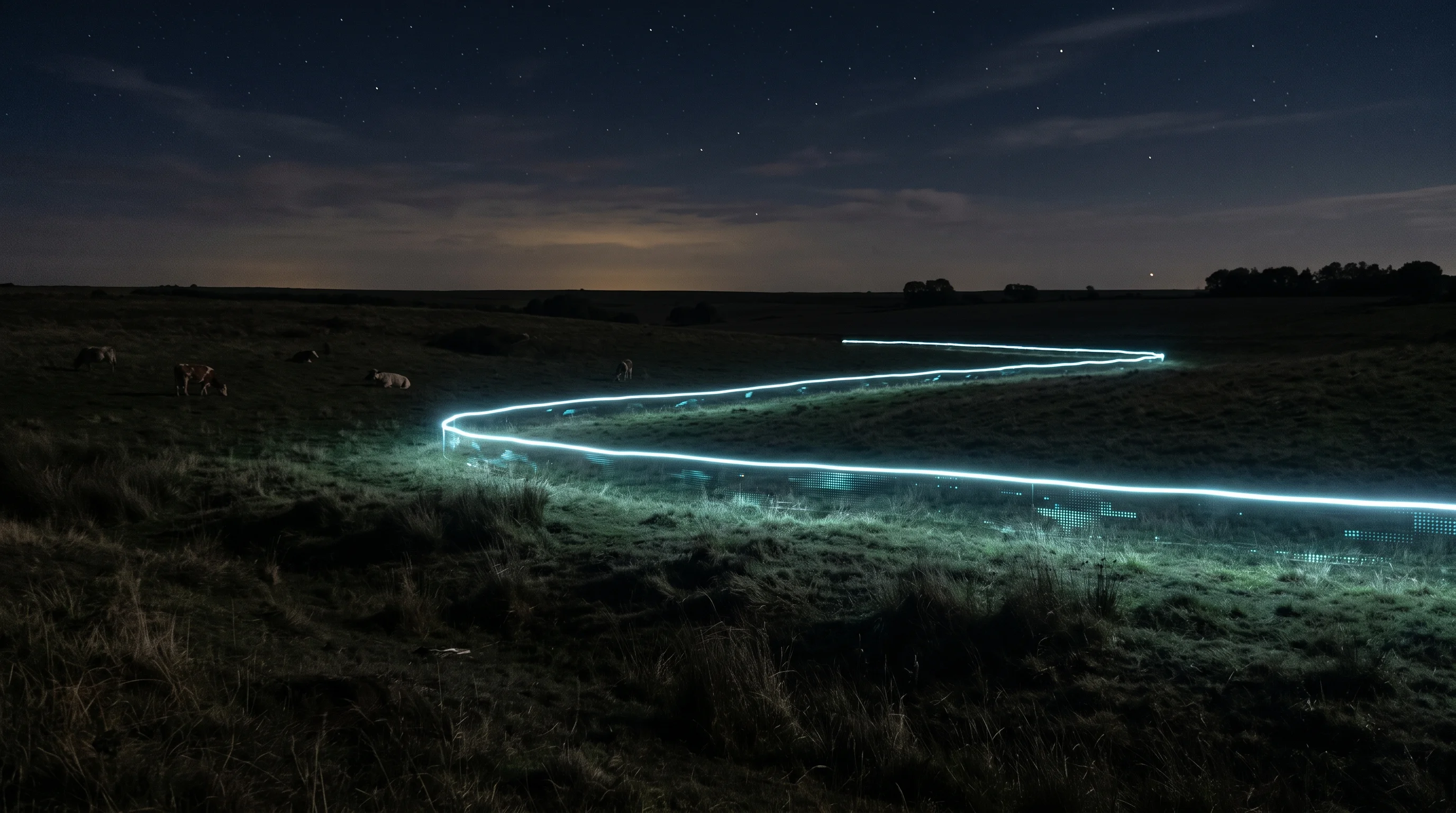 Digital illustration for article section "Content Section 4" in "Breedr raises $27M to digitize beef supply chain" - A conceptual and modern visual representation of virtual fencing technology in ranch management, set...