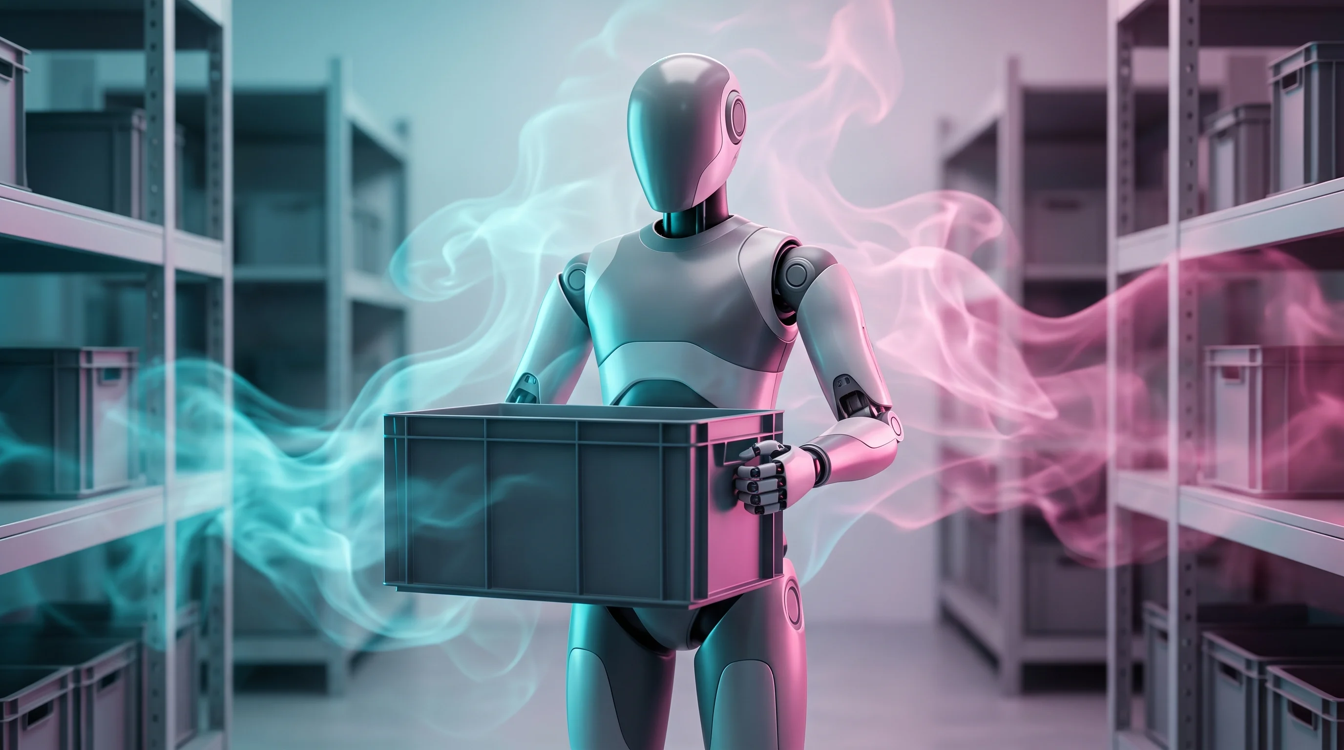 Digital illustration for article section "Warehouse Pilots and Auto Assembly Experiments" in "Humanoid robot runs 100m in 8.64s at Beijing games" - A sleek, modern humanoid logistics robot stands in the center of a clean, minimalist warehouse aisle...