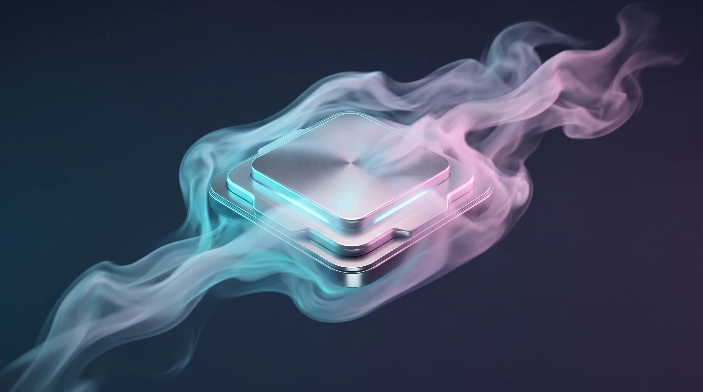 Digital illustration for article section "Edge Compute, Battery Packs, and Thermal Limits" in "Humanoid robot runs 100m in 8.64s at Beijing games" - A sleek, minimalist metallic processor core, representing an advanced on-robot supercomputer, sits a...