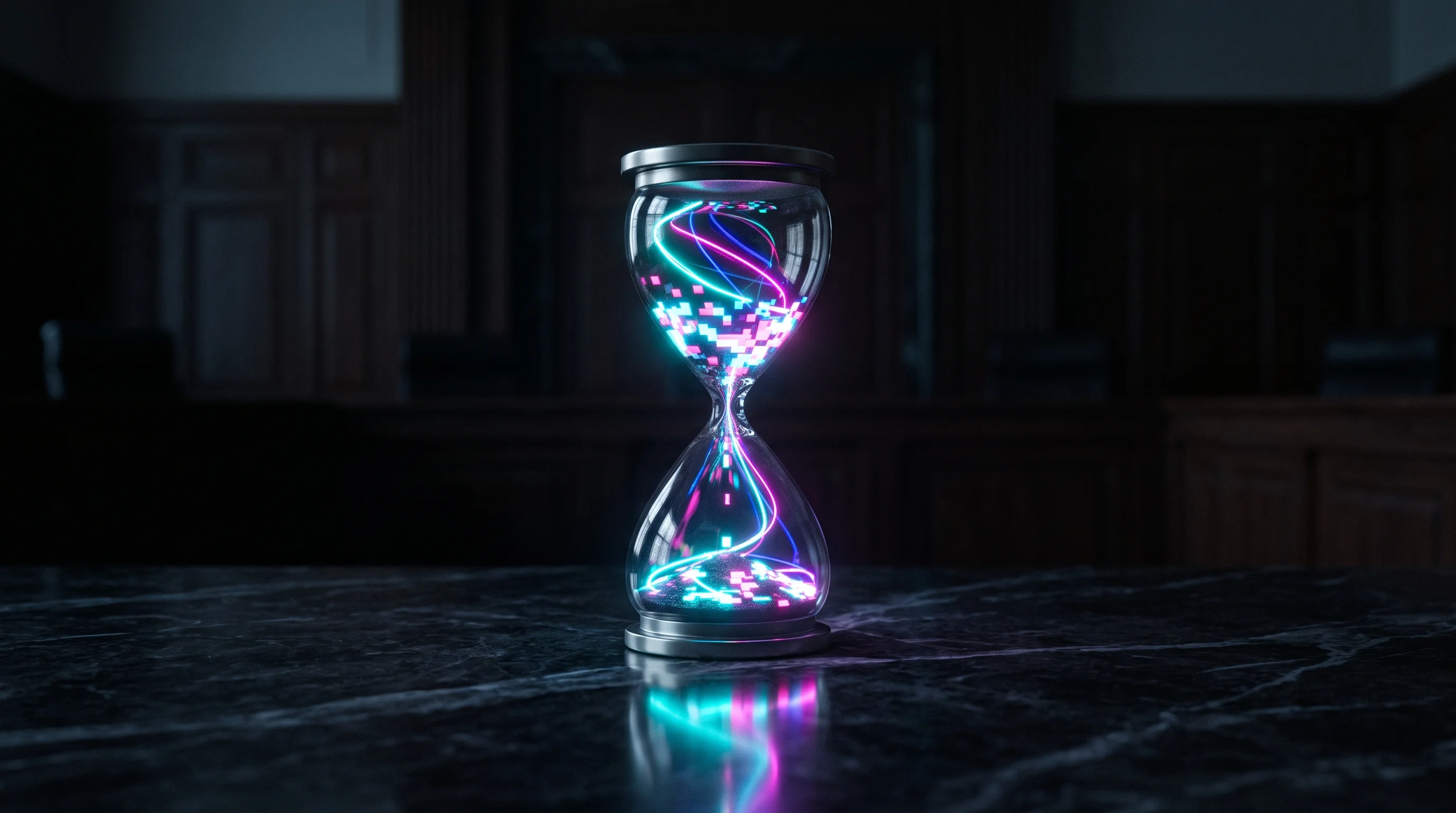 Digital illustration for article section "Political Headwinds" in "Moonshot AI releases 2.8T-parameter open-weight model" - A conceptual, minimalist image representing political scrutiny and the distillation of technology, f...