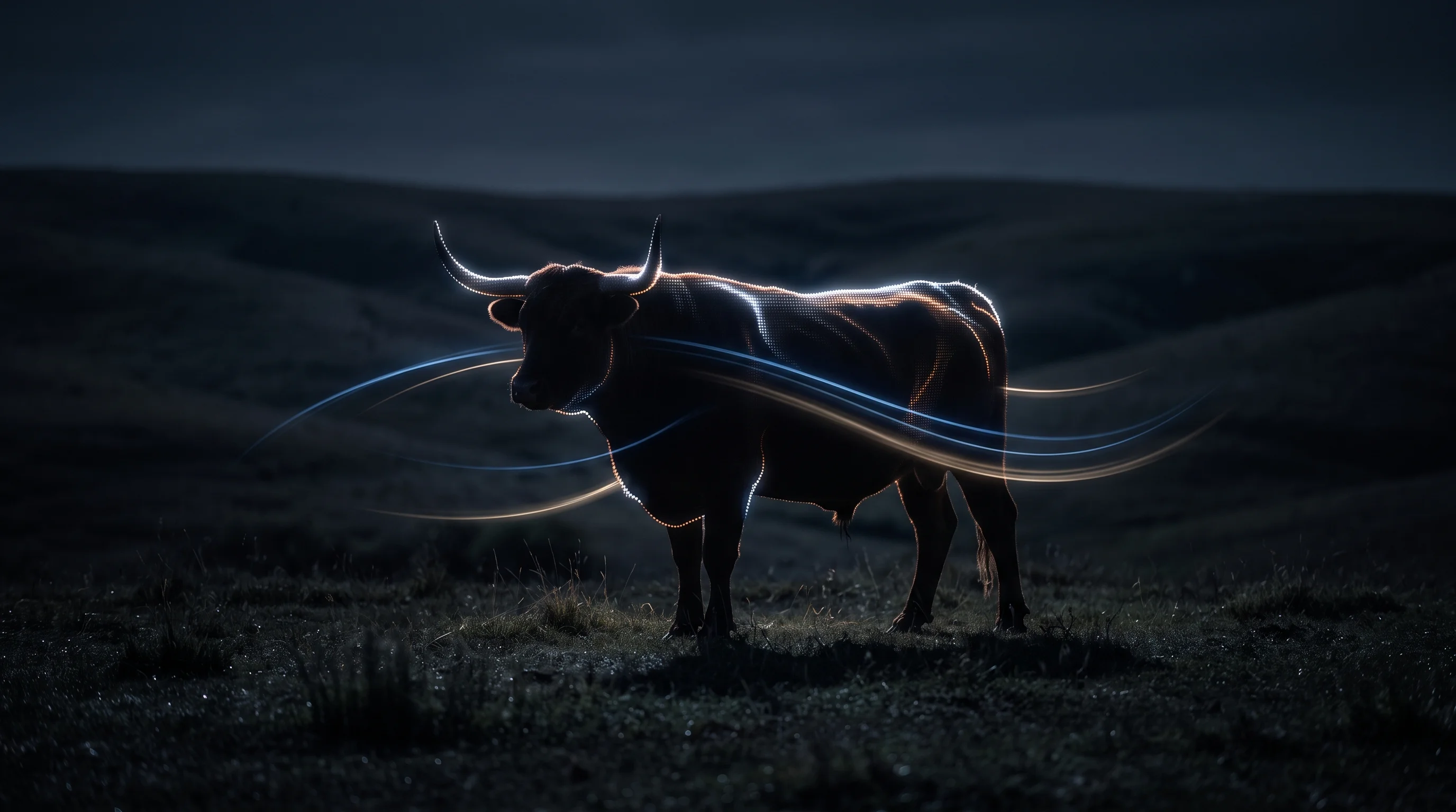 Digital illustration for article section "Content Section 2" in "Breedr raises $27M to digitize beef supply chain" - A minimalist, conceptual nightscape representing modern agricultural scale and livestock management,...