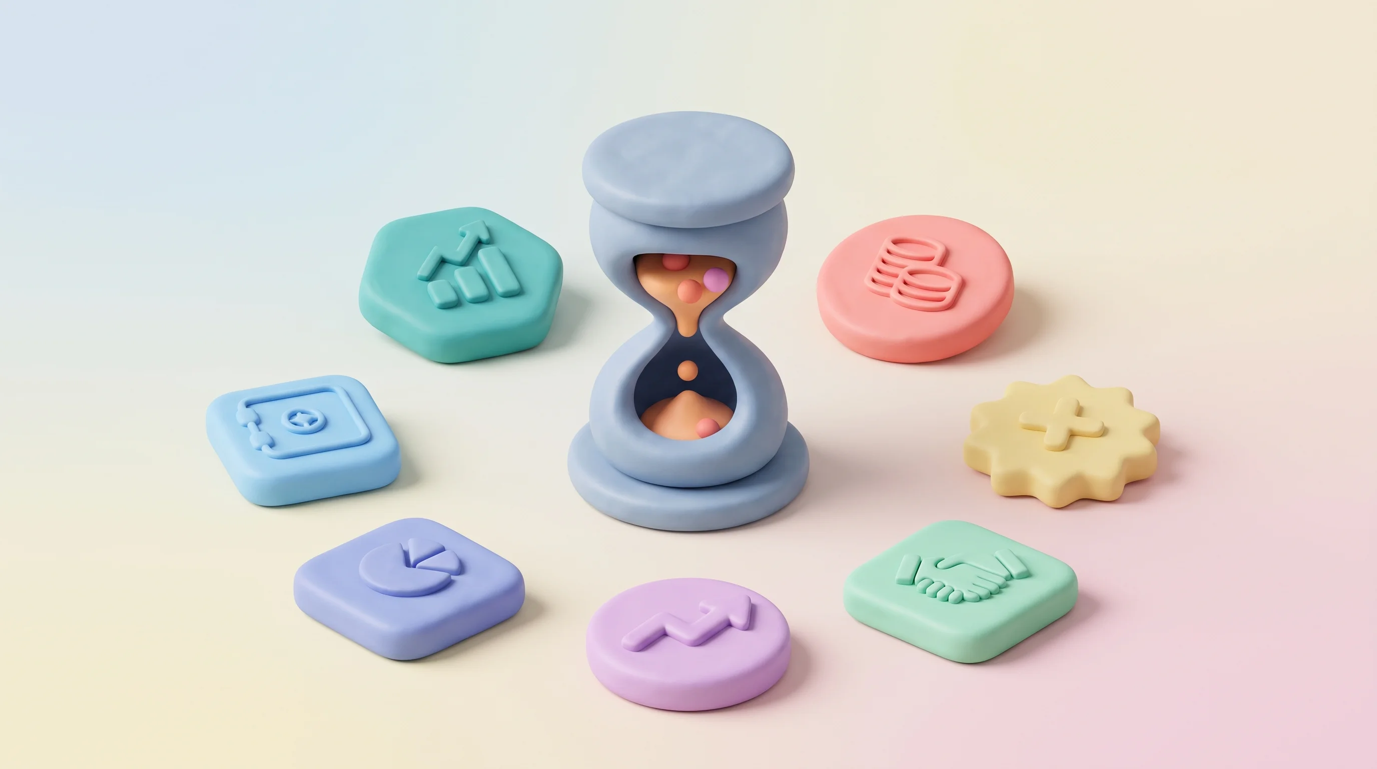 Digital illustration for article section "Six Funds Already Signed On" in "Multiplier raises $6M to build AI platform for asset managers" - A minimalist and clean 3D composition featuring exactly six stylized, soft-edged financial tokens ne...