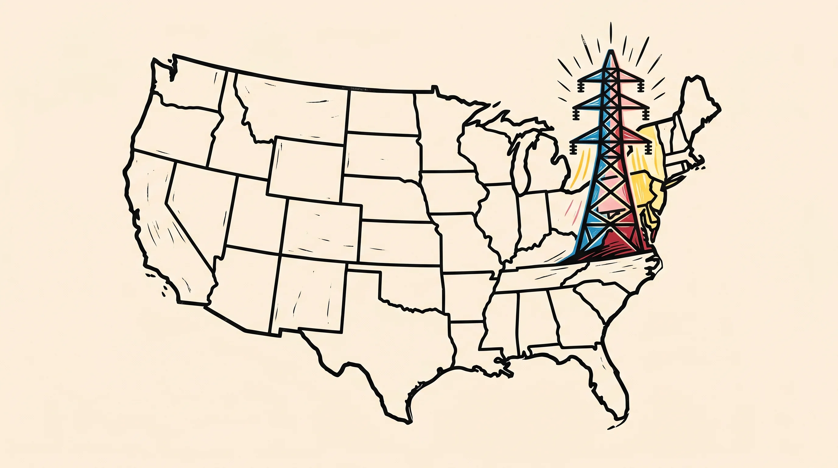 Digital illustration for article section "Content Section 2" in "Gridsight raises $26M to modernize electrical grids with AI" - A conceptual and minimalist illustration representing business expansion into the United States, fea...