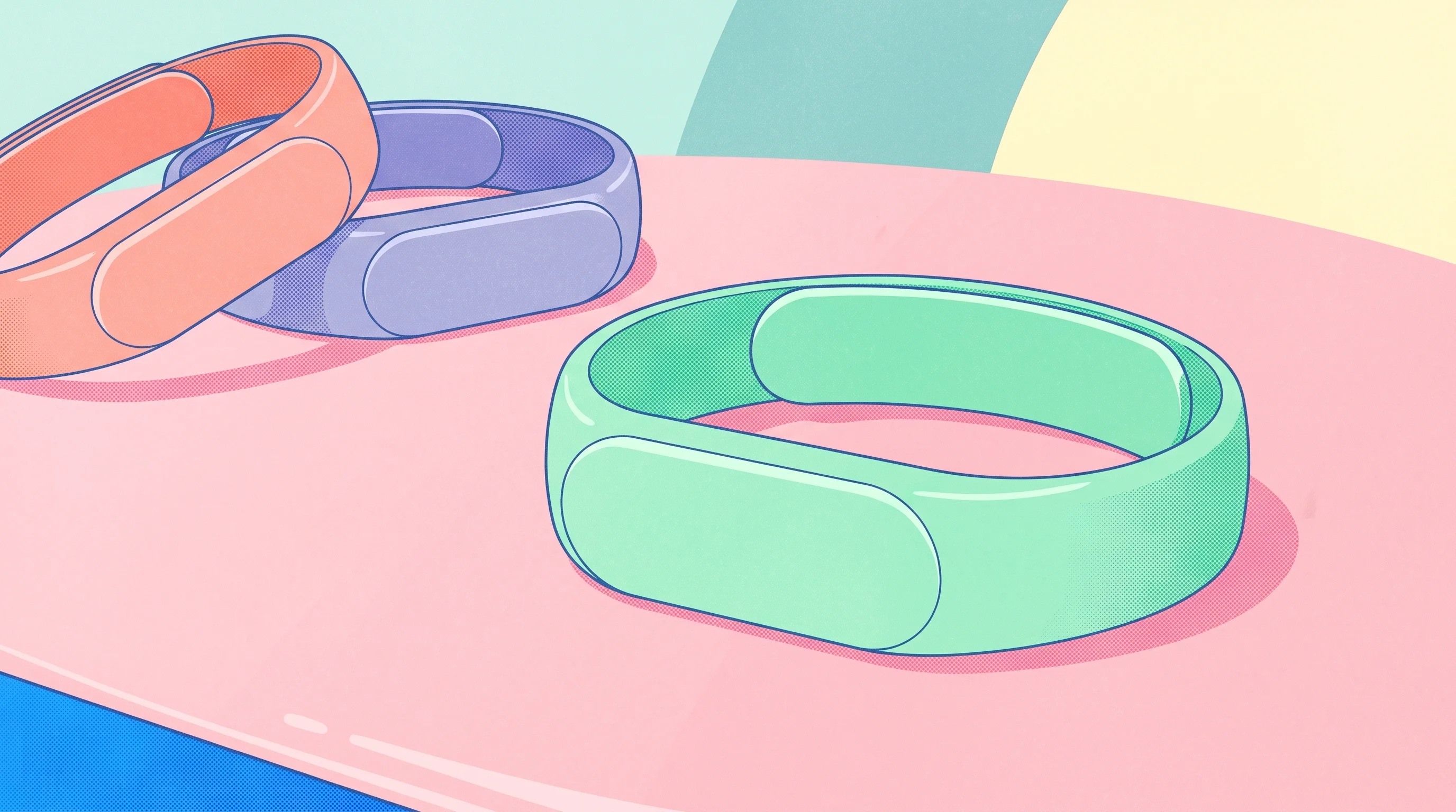 Digital illustration for article section "Content Section 3" in "Luffu launches $250 health wearable for family caregiving" - A sleek, minimalist, screenless wearable fitness band resting elegantly on a smooth surface, surroun...