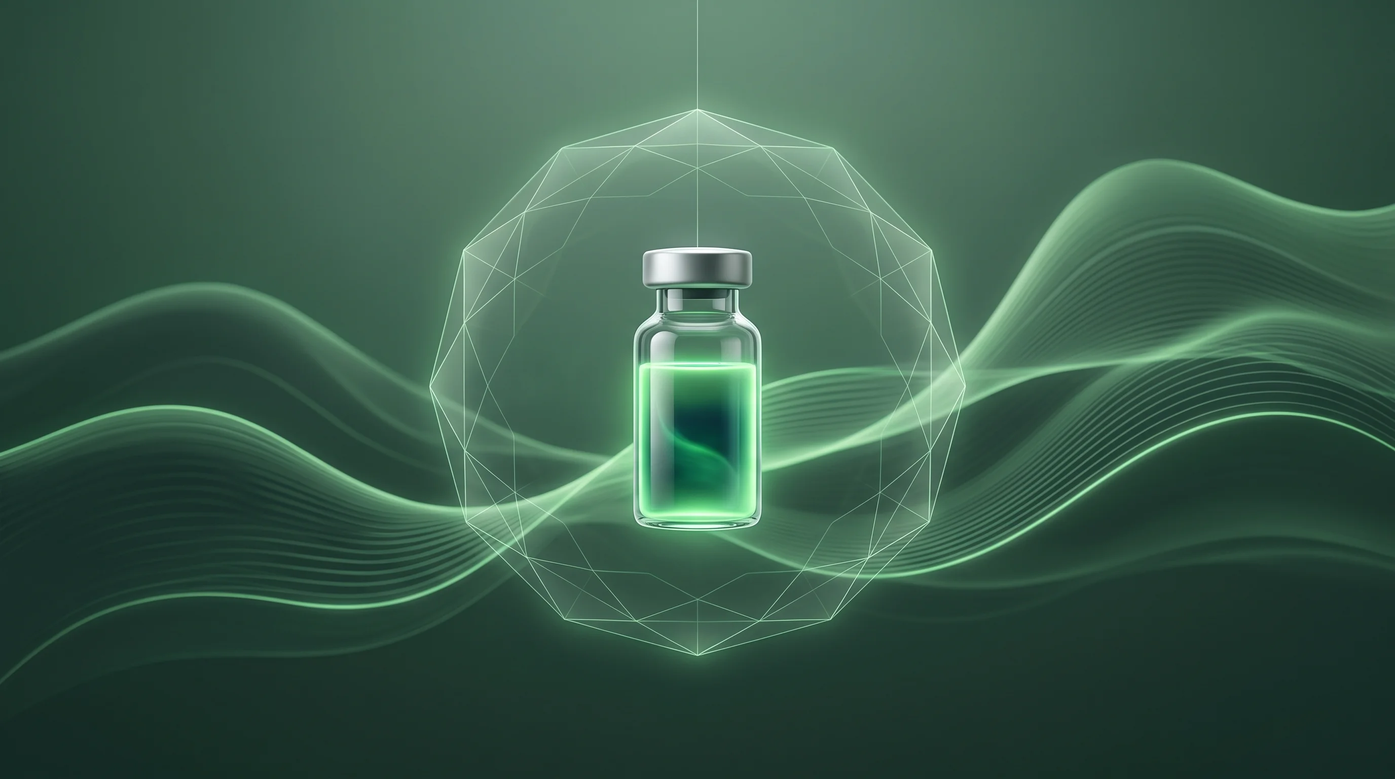 Digital illustration for article section "Content Section 2" in "EIT Pharma raises $35M to develop viral disease therapies" - A sleek, minimalist medical vial containing a luminous substance, suspended peacefully inside a subt...