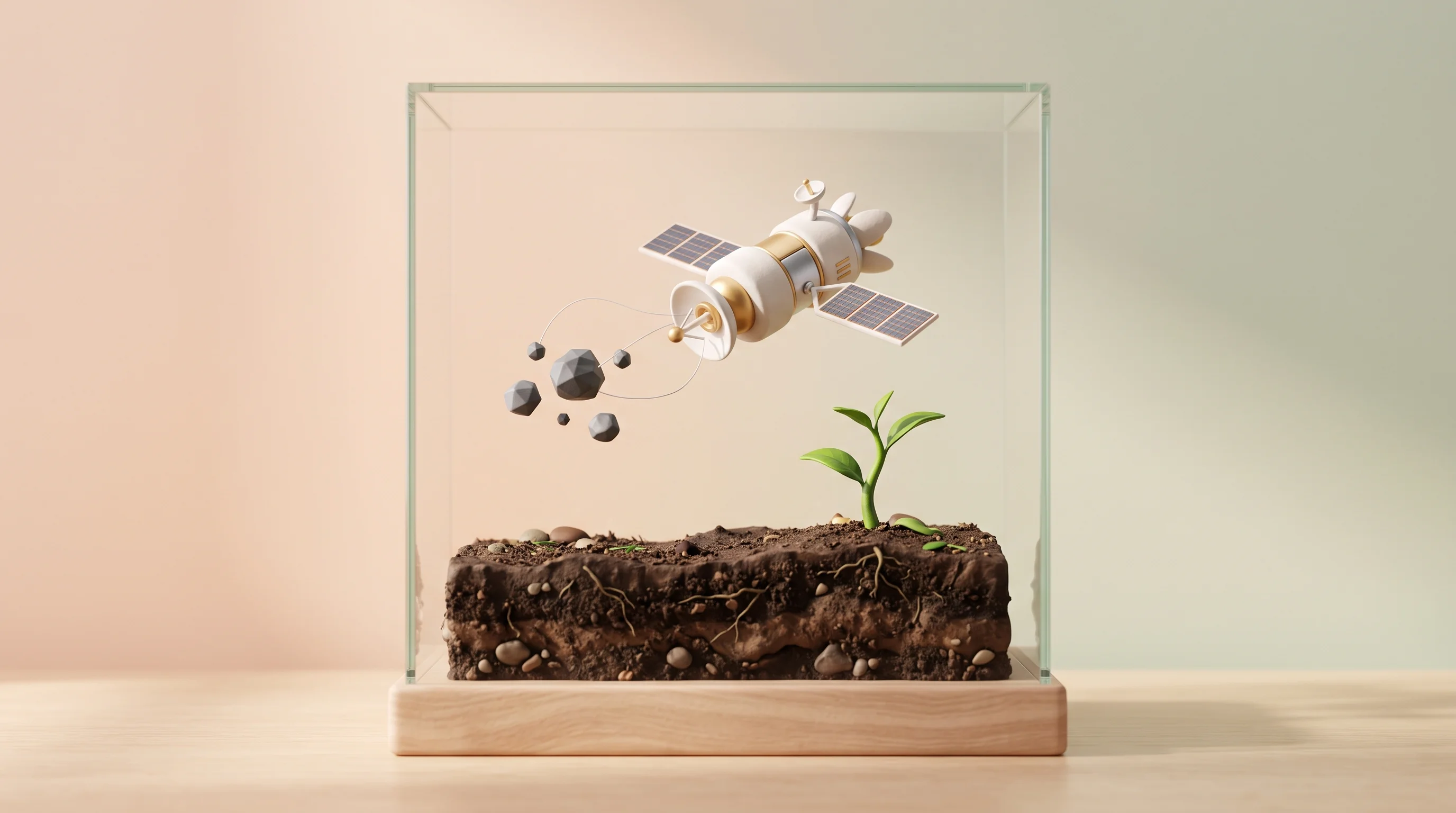 Digital illustration for article section "Content Section 4" in "Diffraqtion raises $10M for quantum space cameras" - A clean, minimalist 3D miniature diorama conceptualizing aerospace achievement and environmental inn...