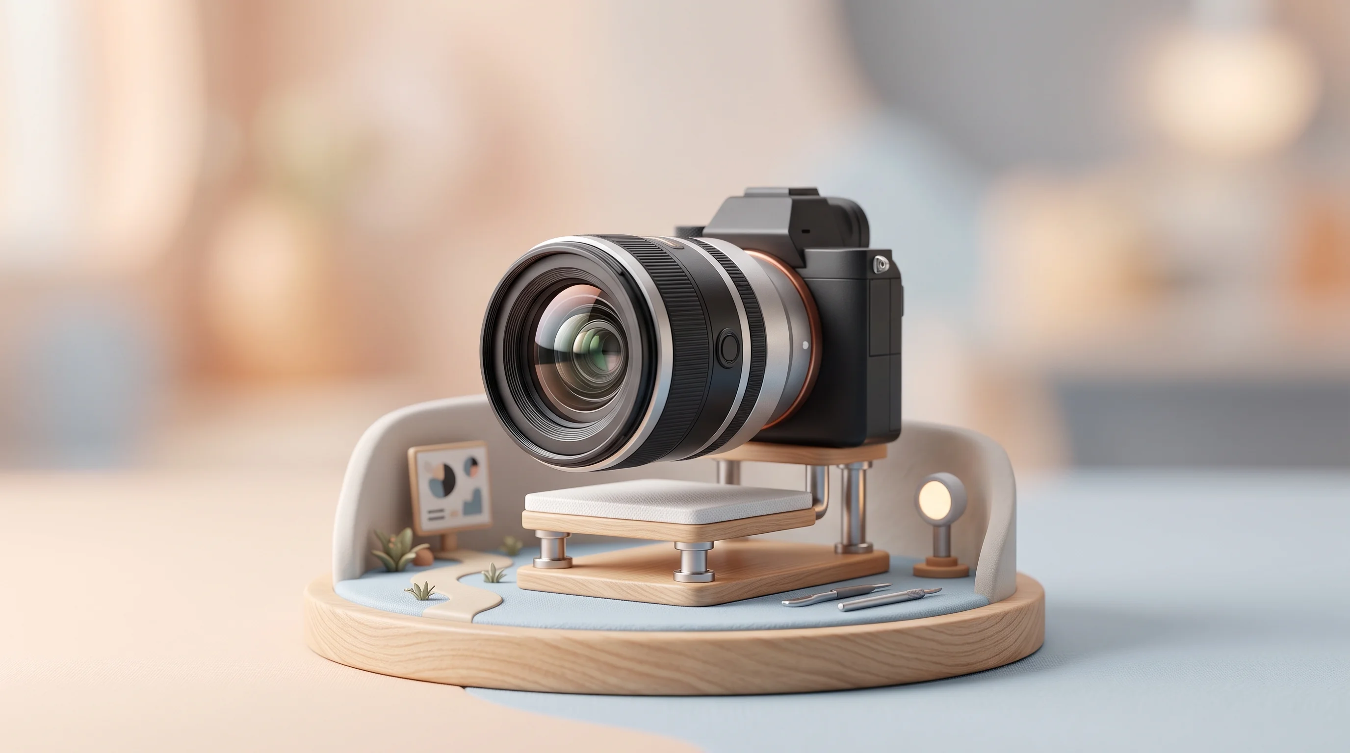 Digital illustration for article section "Content Section 7" in "Diffraqtion raises $10M for quantum space cameras" - A sleek, modern camera lens rendered as a highly detailed, 3D miniature model sitting on a clean, st...