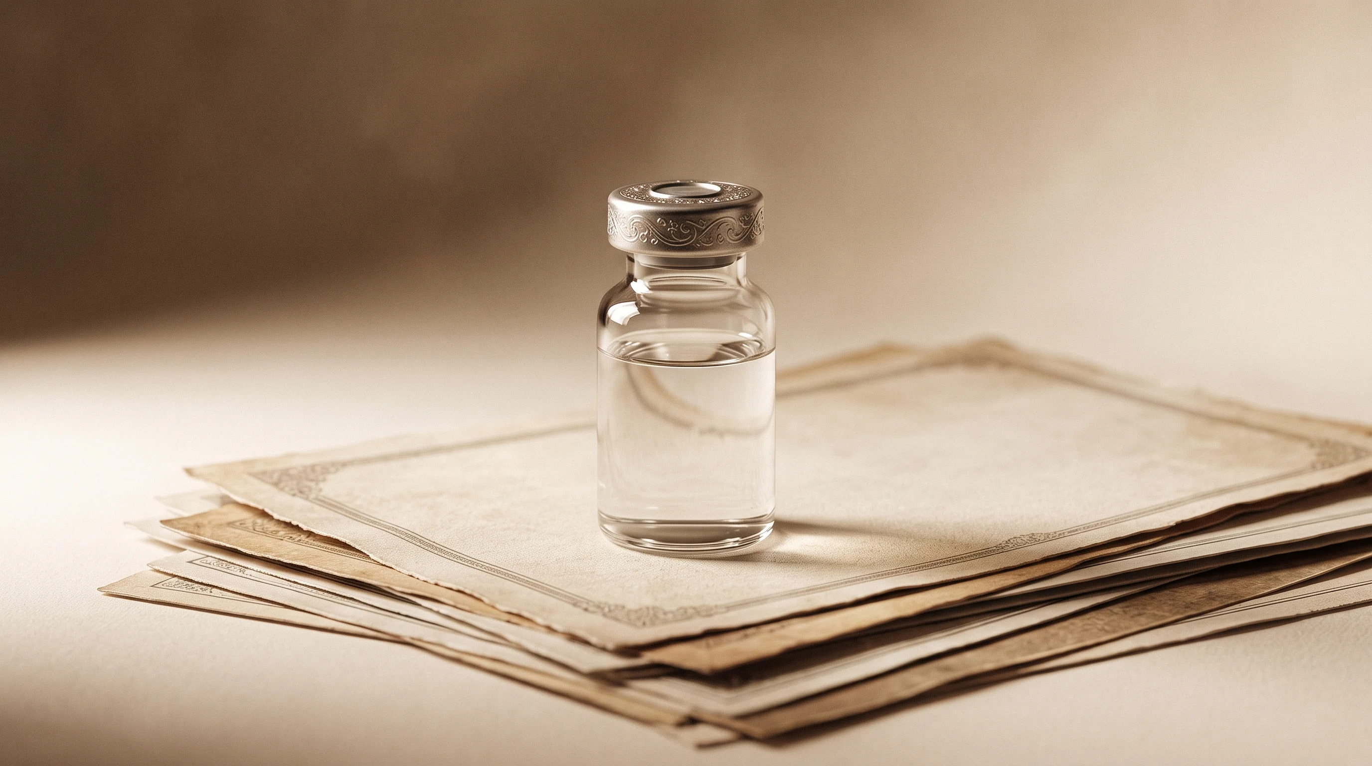 Digital illustration for article section "Content Section 2" in "Amyl Therapeutics raises $9.4M for multi-target Alzheimer's drug" - A clean, minimal, and conceptual composition featuring a single, elegantly crafted glass pharmaceuti...
