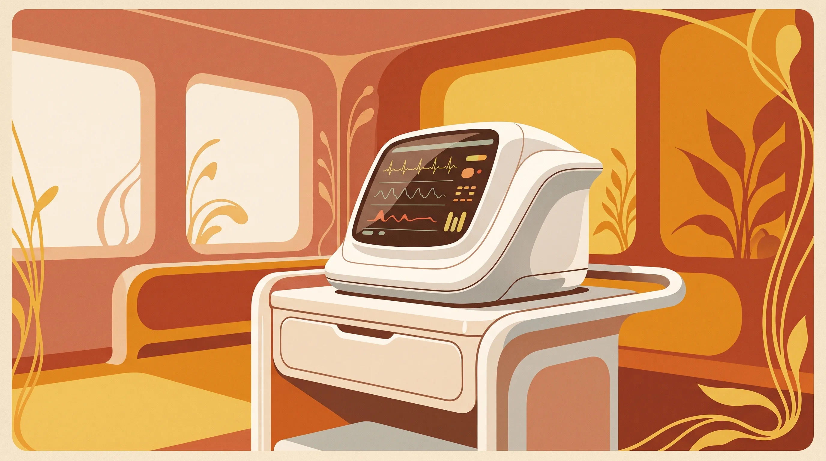Digital illustration for article section "Content Section 4" in "Norbert Health raises $14M to deploy AI nursing robots" - A clean, minimalist composition featuring a sleek, modern physical AI medical monitoring device seam...
