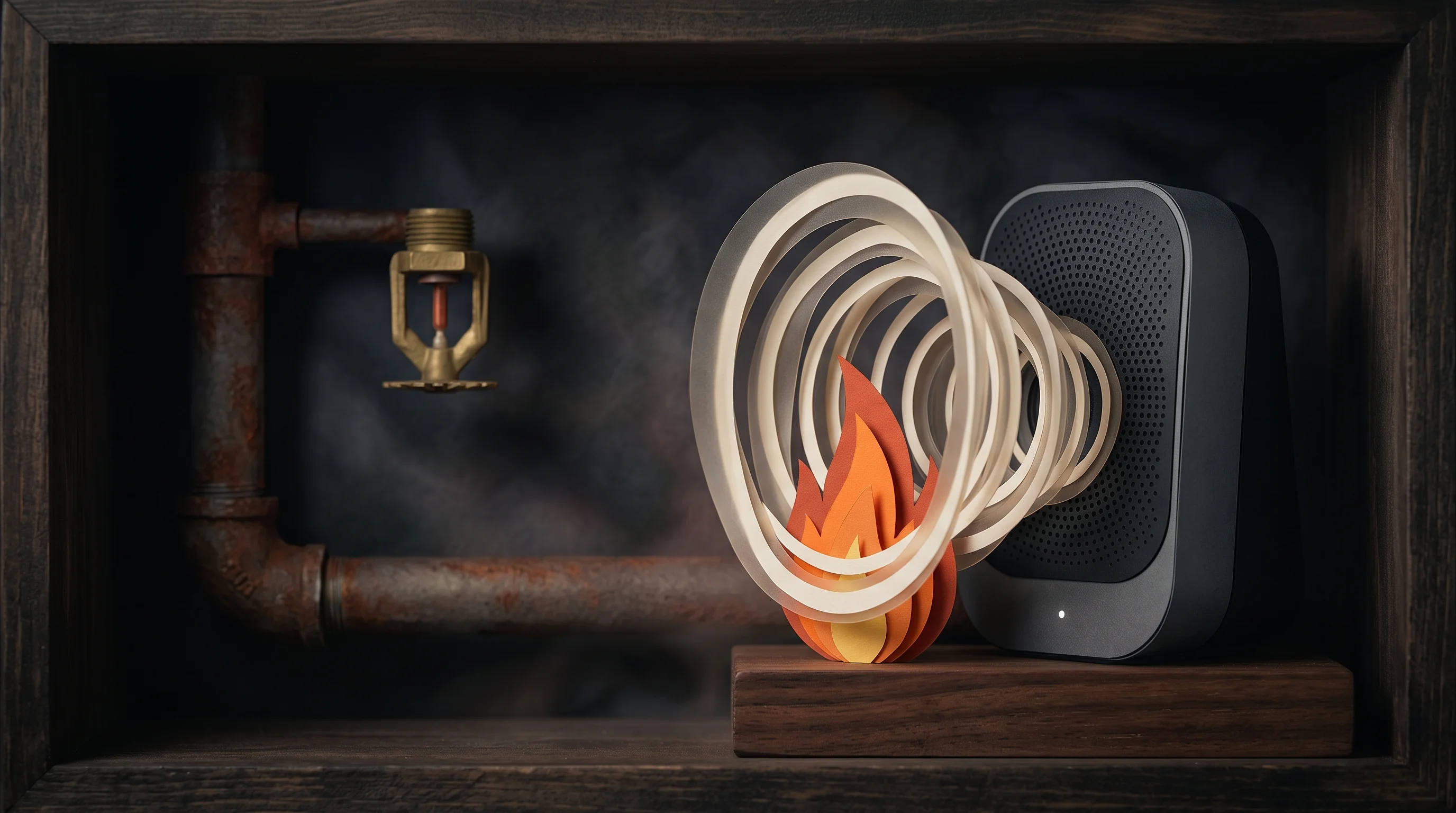Digital illustration for article section "Content Section 4" in "Sonic Fire Tech raises $15M for sound-based fire suppression" - A conceptual 3D papercraft diorama illustrating the transition from traditional water-based fire inf...