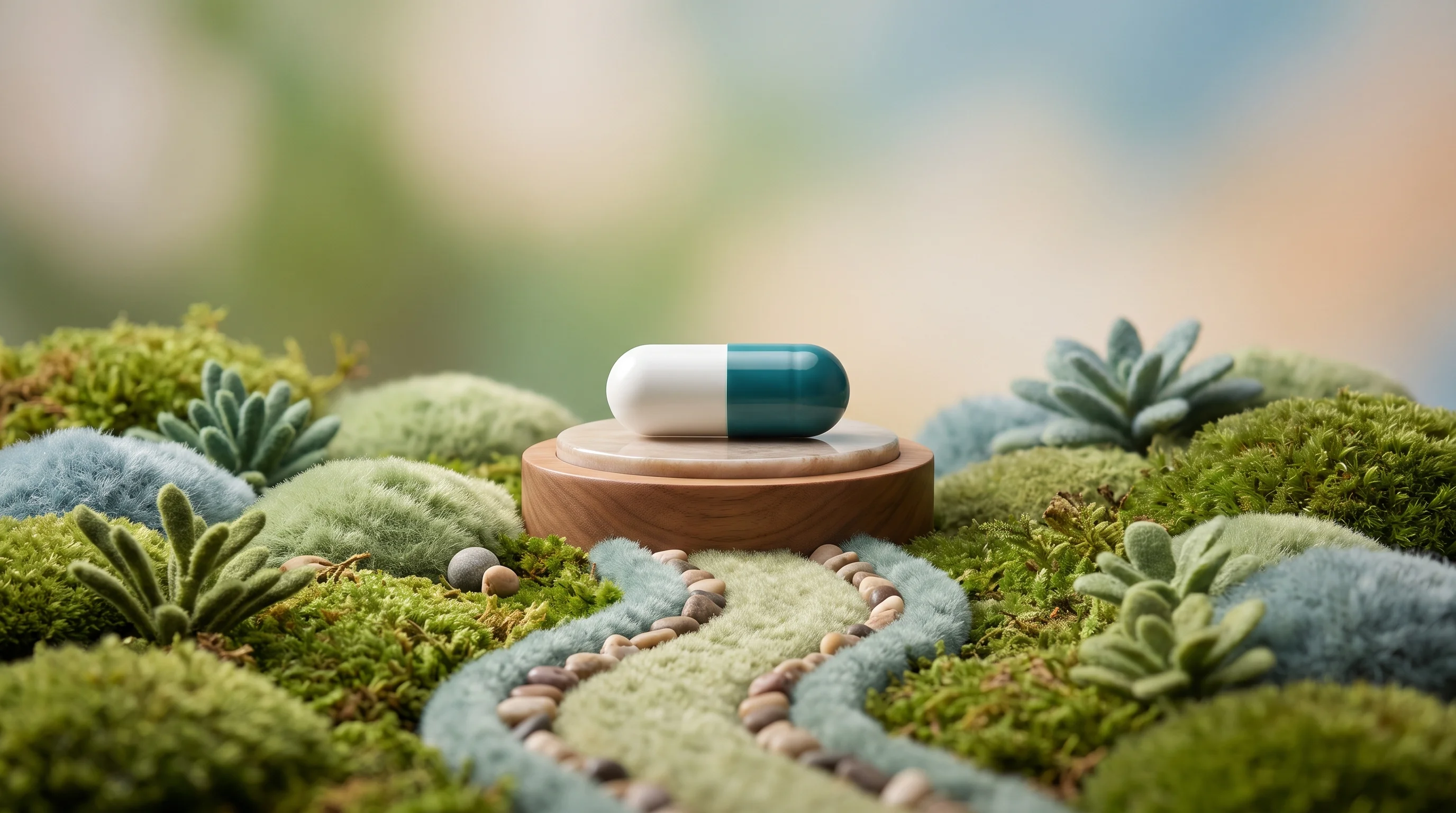 Digital illustration for article section "Content Section 2" in "Paleo raises $2.3M to brew animal-free heme for plant meat" - A conceptual macro photography shot of a pristine, stylized medical capsule resting on an elegant, o...