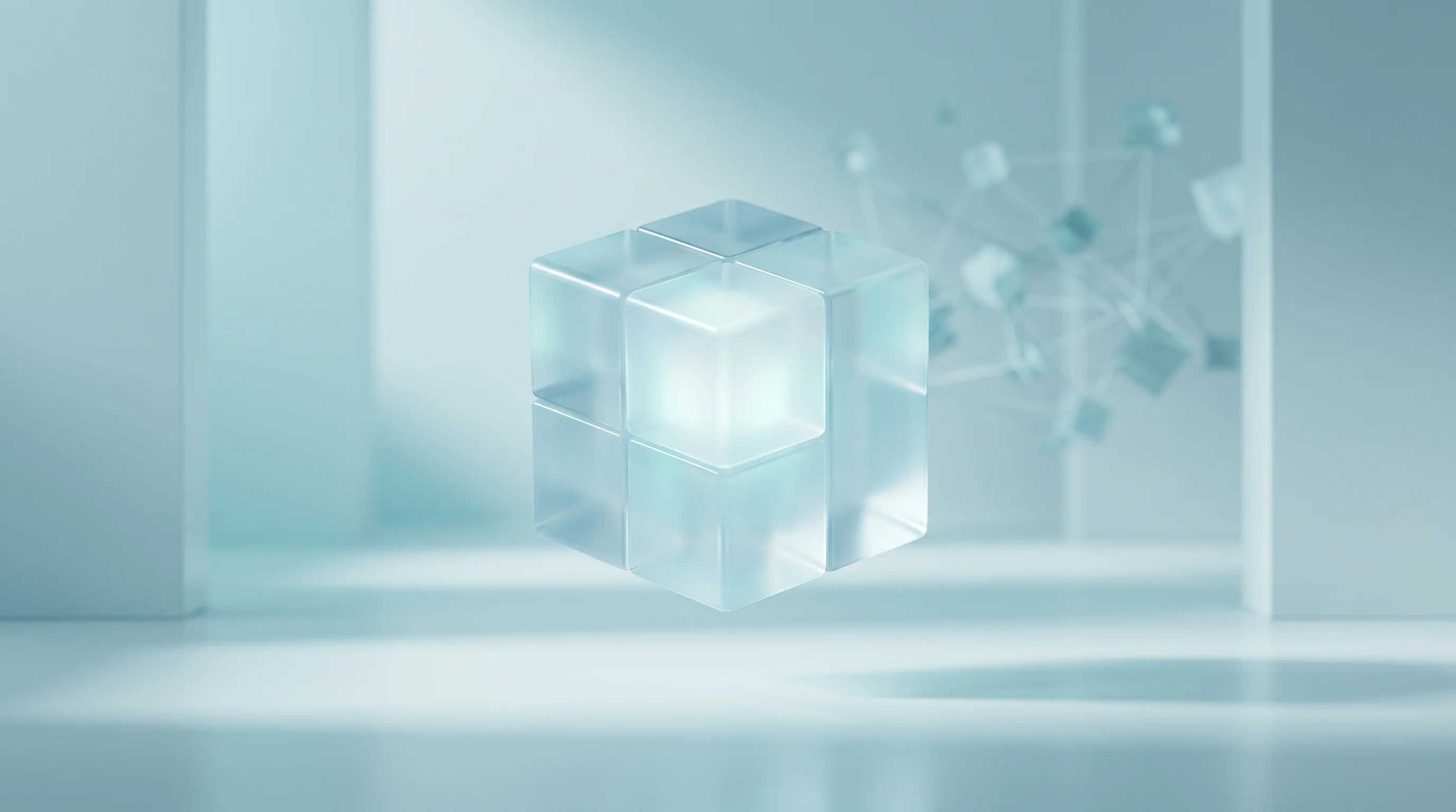 Digital illustration for article section "Content Section 3" in "Rindler launches Maxxwell to manage multiple AI coding agents" - A pristine, floating translucent geometric block resembling a sleek, modern app interface hovers fre...