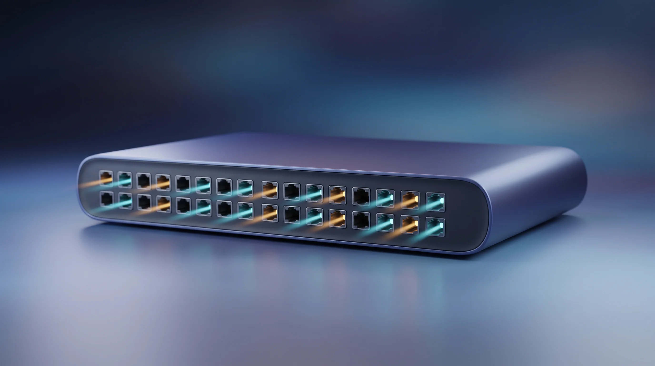 Digital illustration for article section "Technical Claims and Manufacturing Realities" in "iPronics raises $125M to scale AI data center optics" - A hyper-realistic 3D rendering of a sleek, minimalist 32-port silicon-photonics network switch resti...
