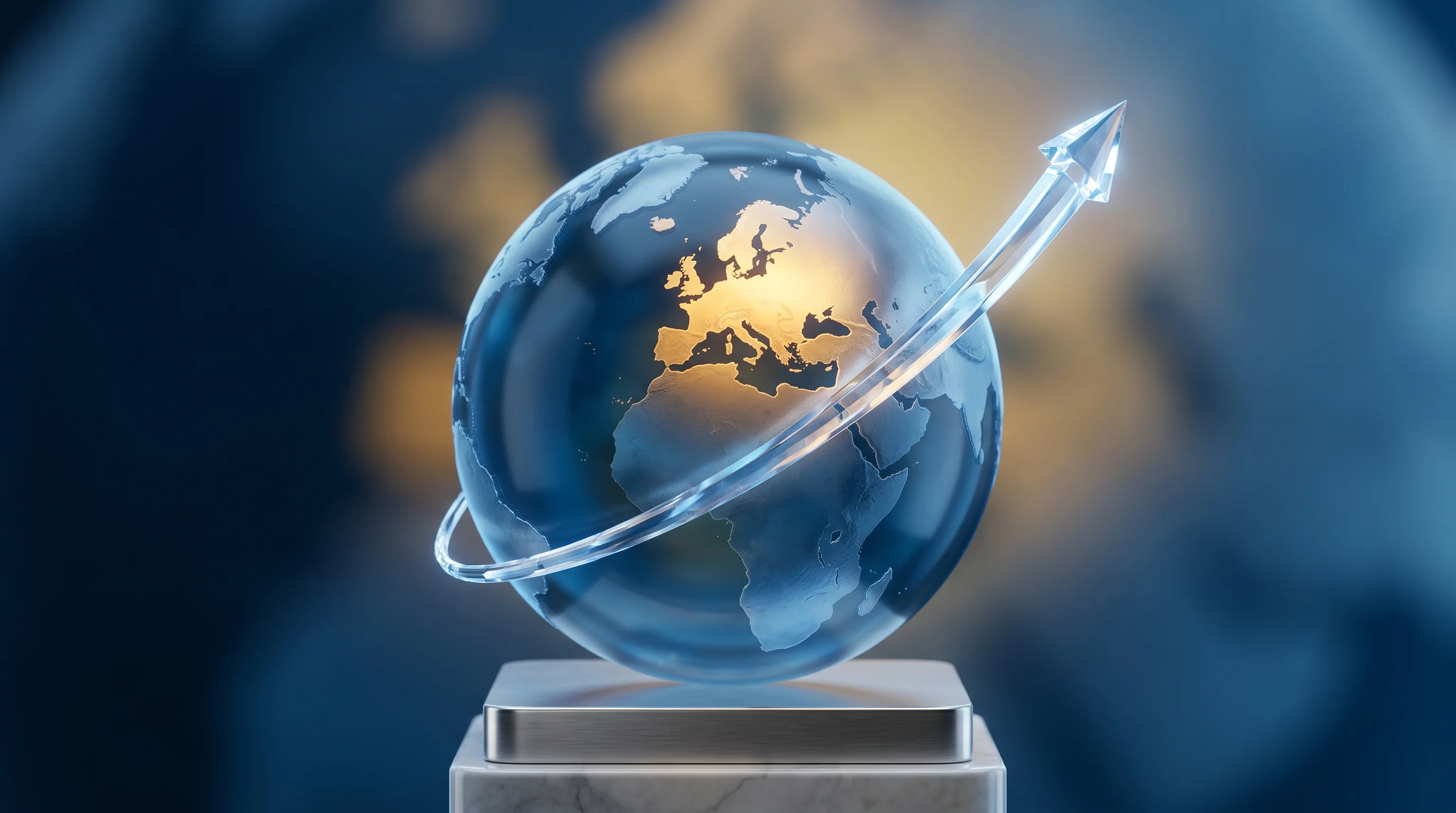 Digital illustration for article section "European Roots, Global Ambitions" in "iPronics raises $125M to scale AI data center optics" - A hyper-realistic 3D rendered conceptual image symbolizing European roots and global financial ambit...