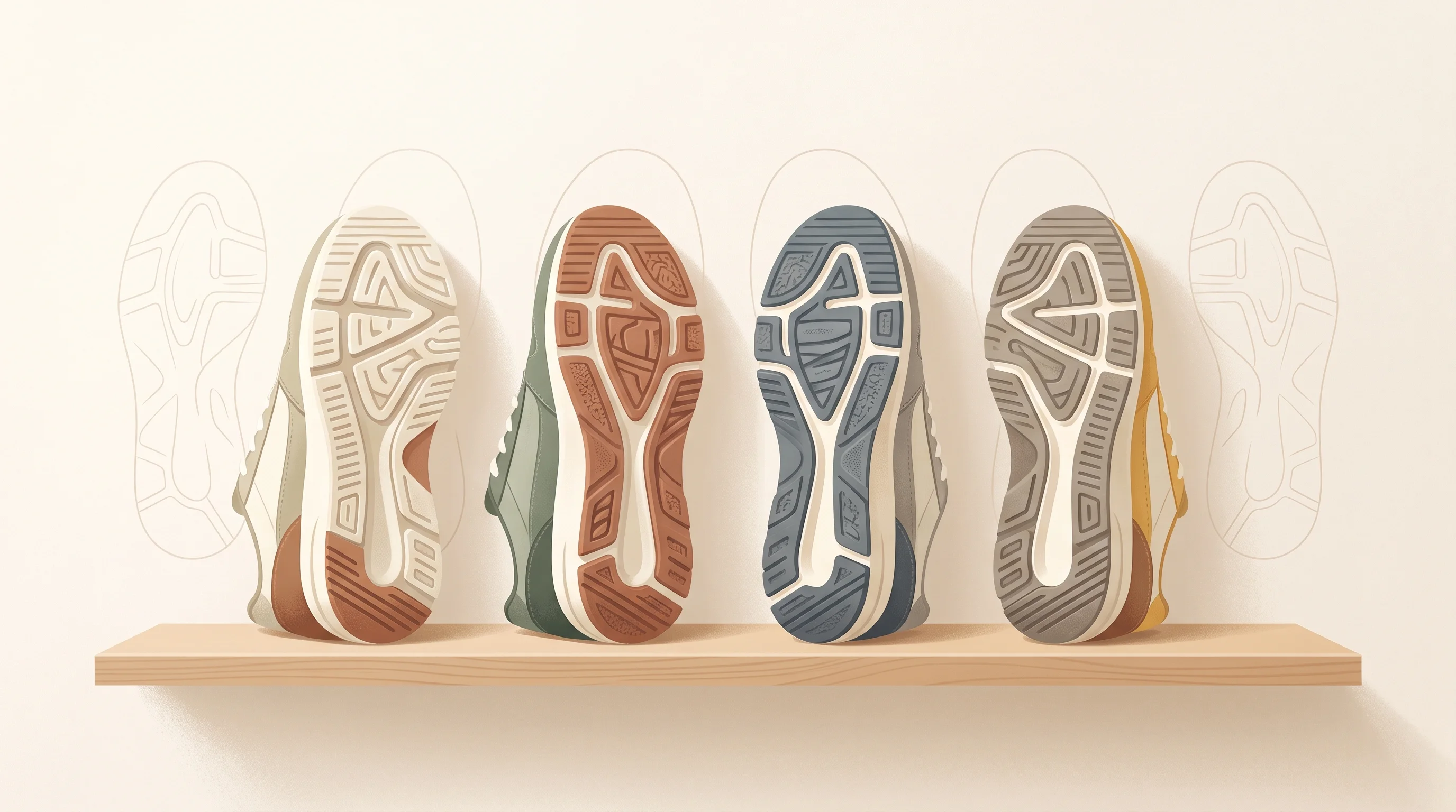 Digital illustration for article section "Product Pipeline and Sole Technology" in "Comet raises $10.6M to double India store footprint" - A clean, minimalist conceptual product display featuring a row of four modern sneakers resting elega...