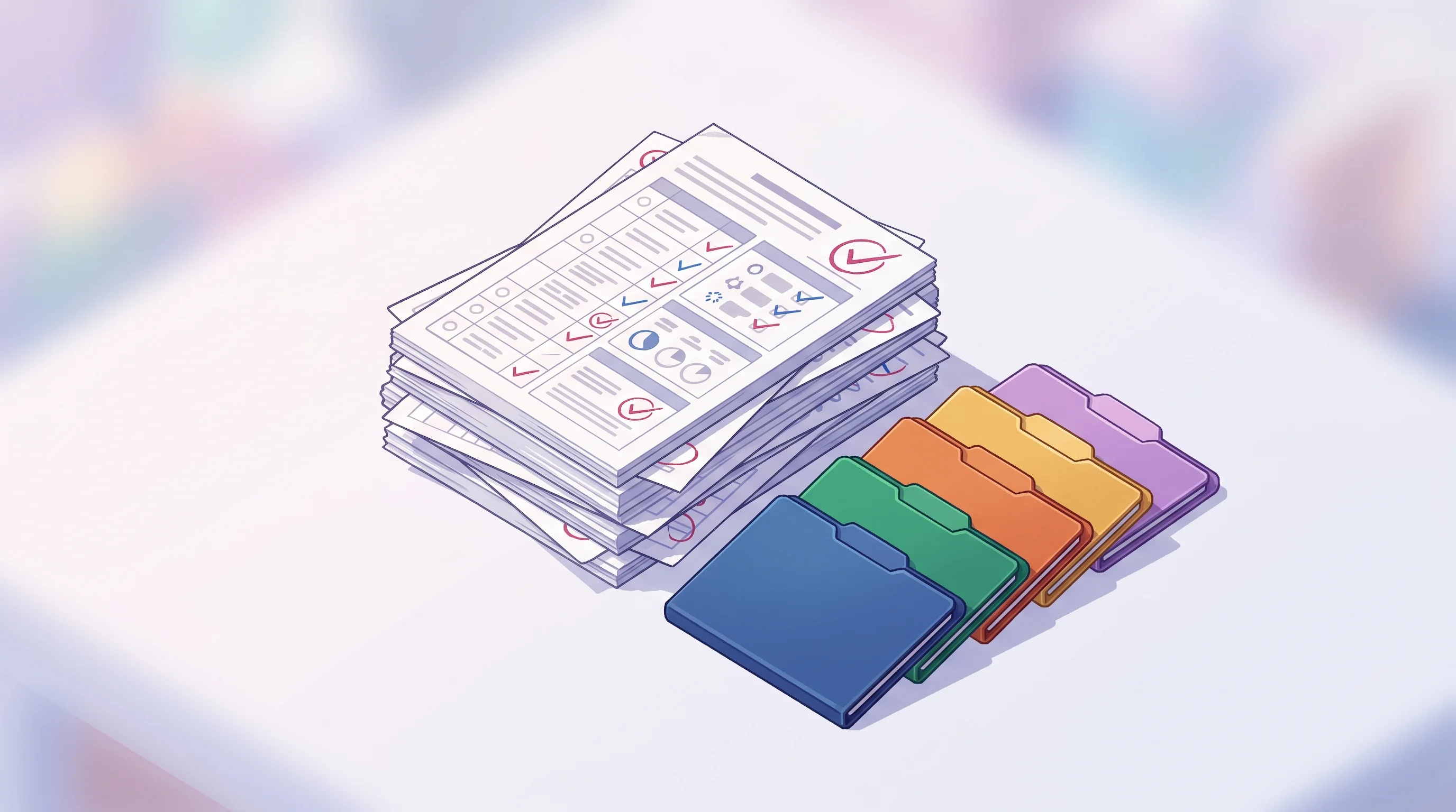 Digital illustration for article section "Content Section 3" in "Medly AI raises $8M to scale AI exam tutoring platform" - A top-down isometric perspective of a neatly organized, conceptual stack of academic examination pap...