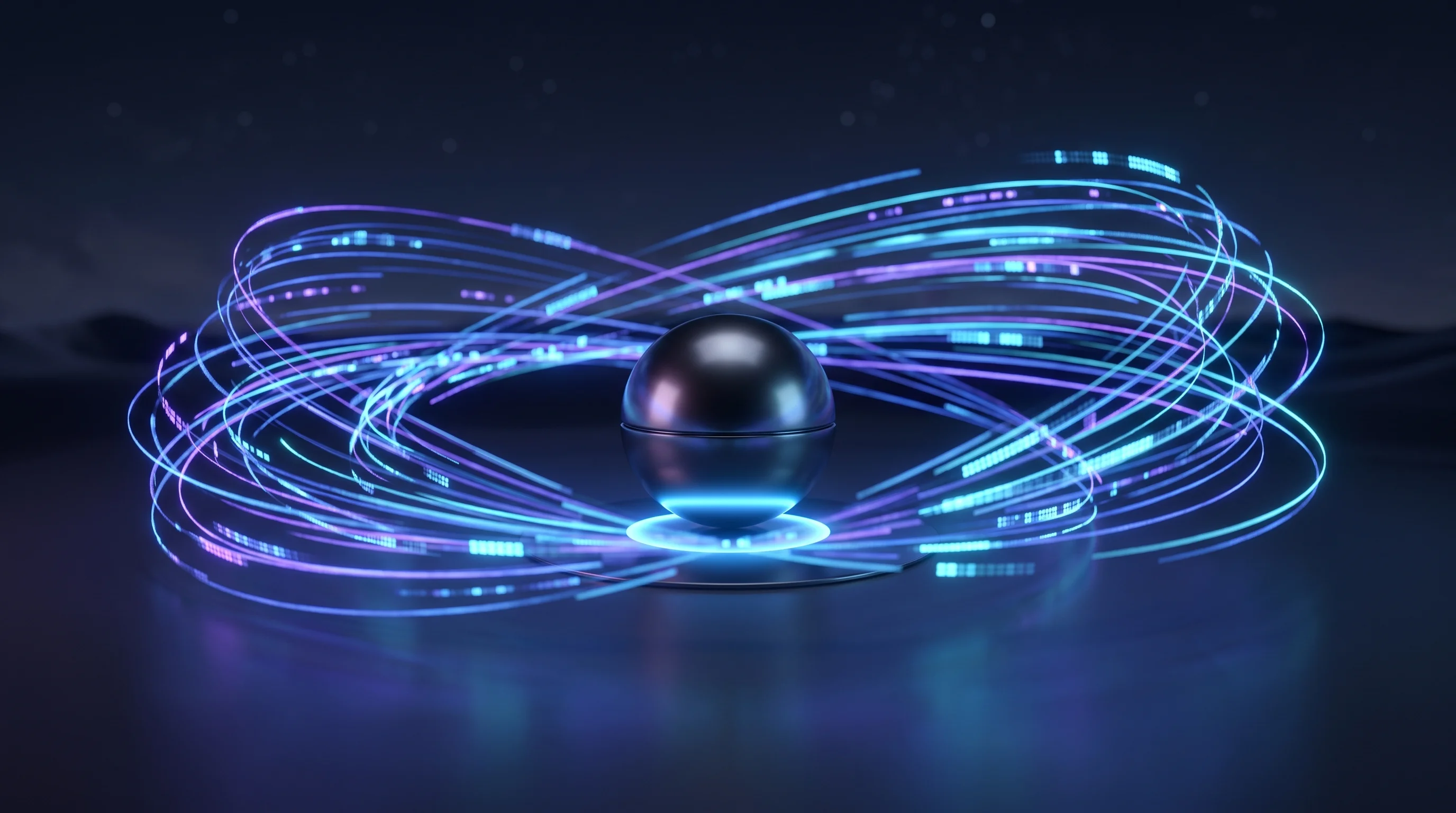 Digital illustration for article section "Content Section 2" in "Orchestra raises $3.3M to orchestrate enterprise AI agents" - A sleek, minimalist central metallic hub resting in a smooth, dark, uncluttered nightscape, conceptu...