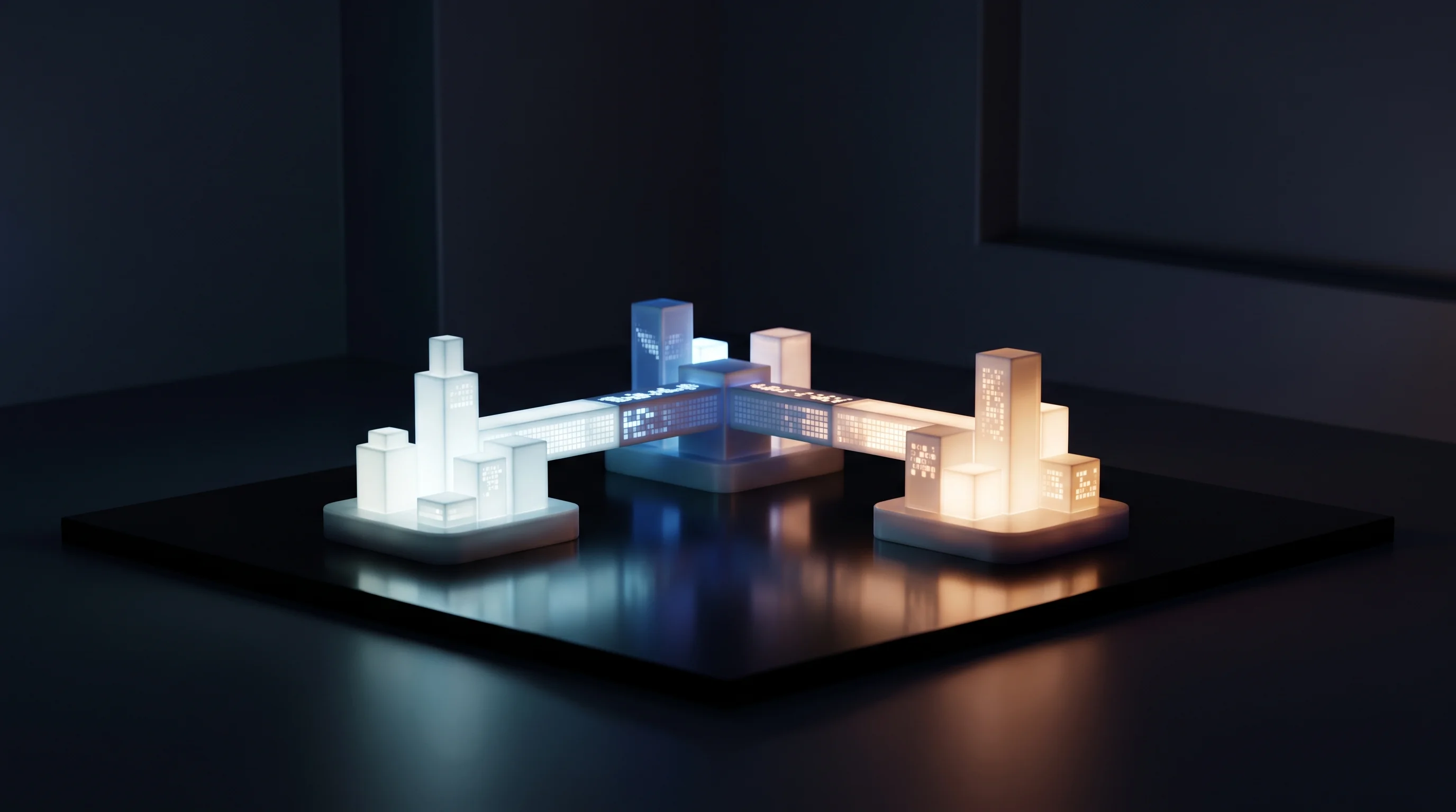 Digital illustration for article section "Content Section 4" in "Orchestra raises $3.3M to orchestrate enterprise AI agents" - A minimalist and conceptual composition set in a sleek, dark modern space at night, featuring a sing...