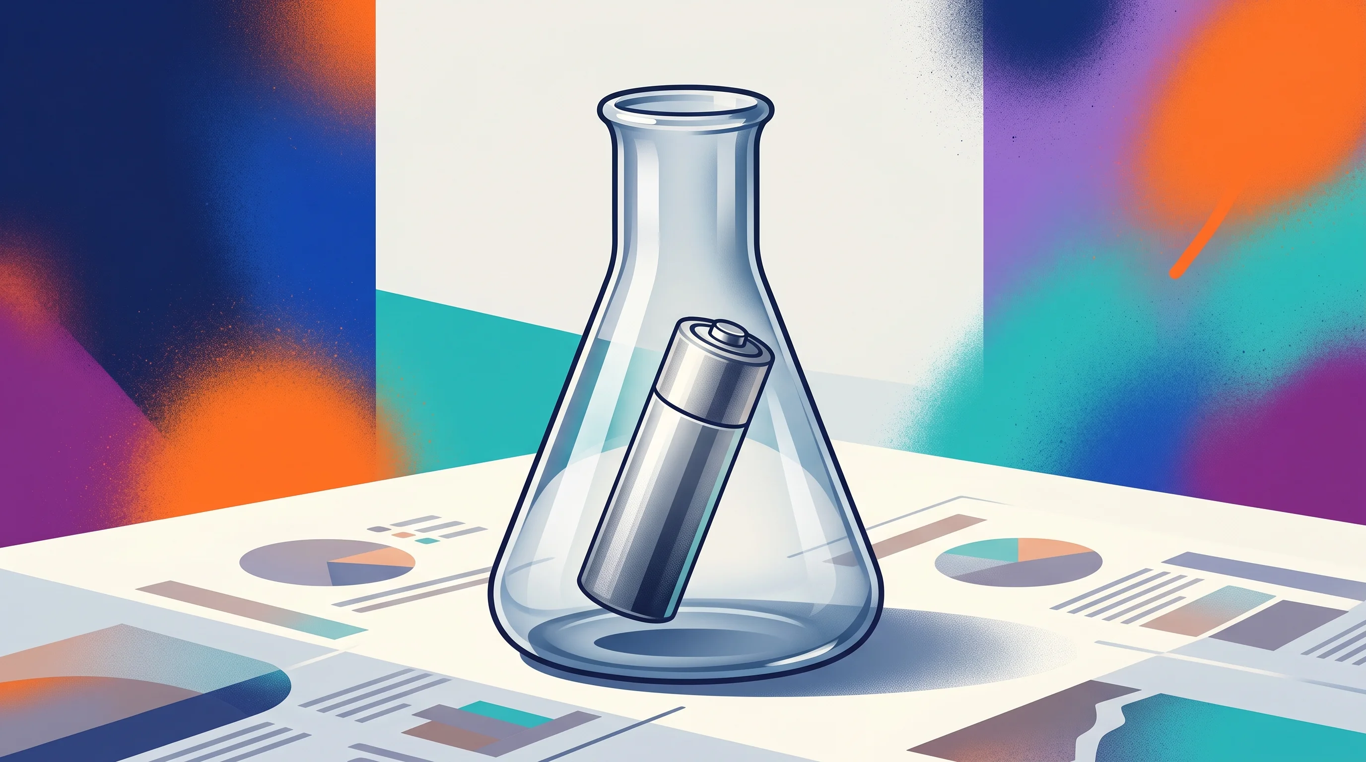 Digital illustration for article section "Content Section 2" in "83 Sciences mines $100B in discarded lab data with AI" - A minimalist and conceptual illustration representing the fusion of chemical engineering, battery in...