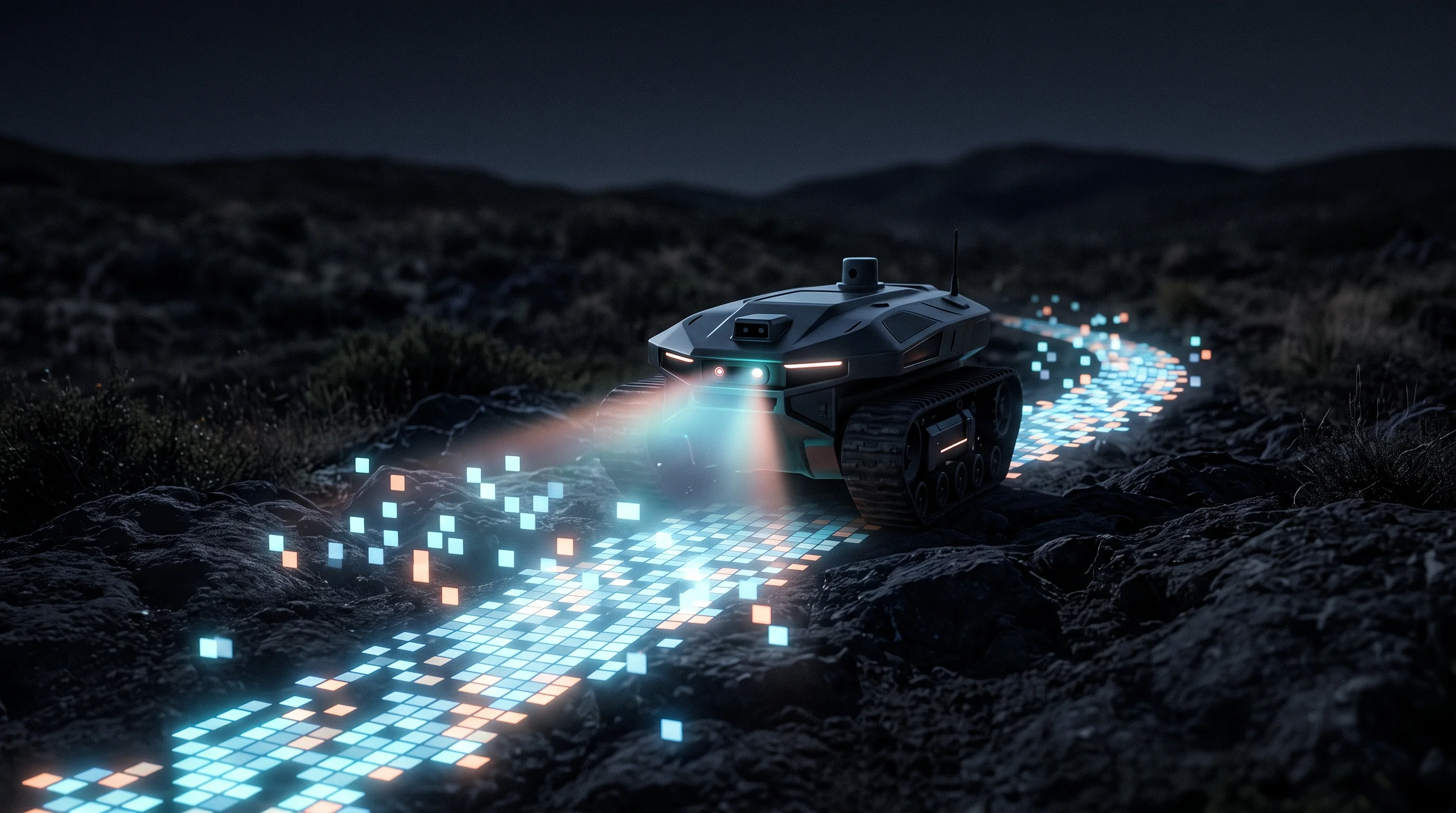 Digital illustration for article section "Content Section 2" in "Vangrid raises $9M to turn phones into AI mapping network" - A sleek, modern autonomous robotic vehicle navigating a rugged, unmapped dark terrain, visually repr...