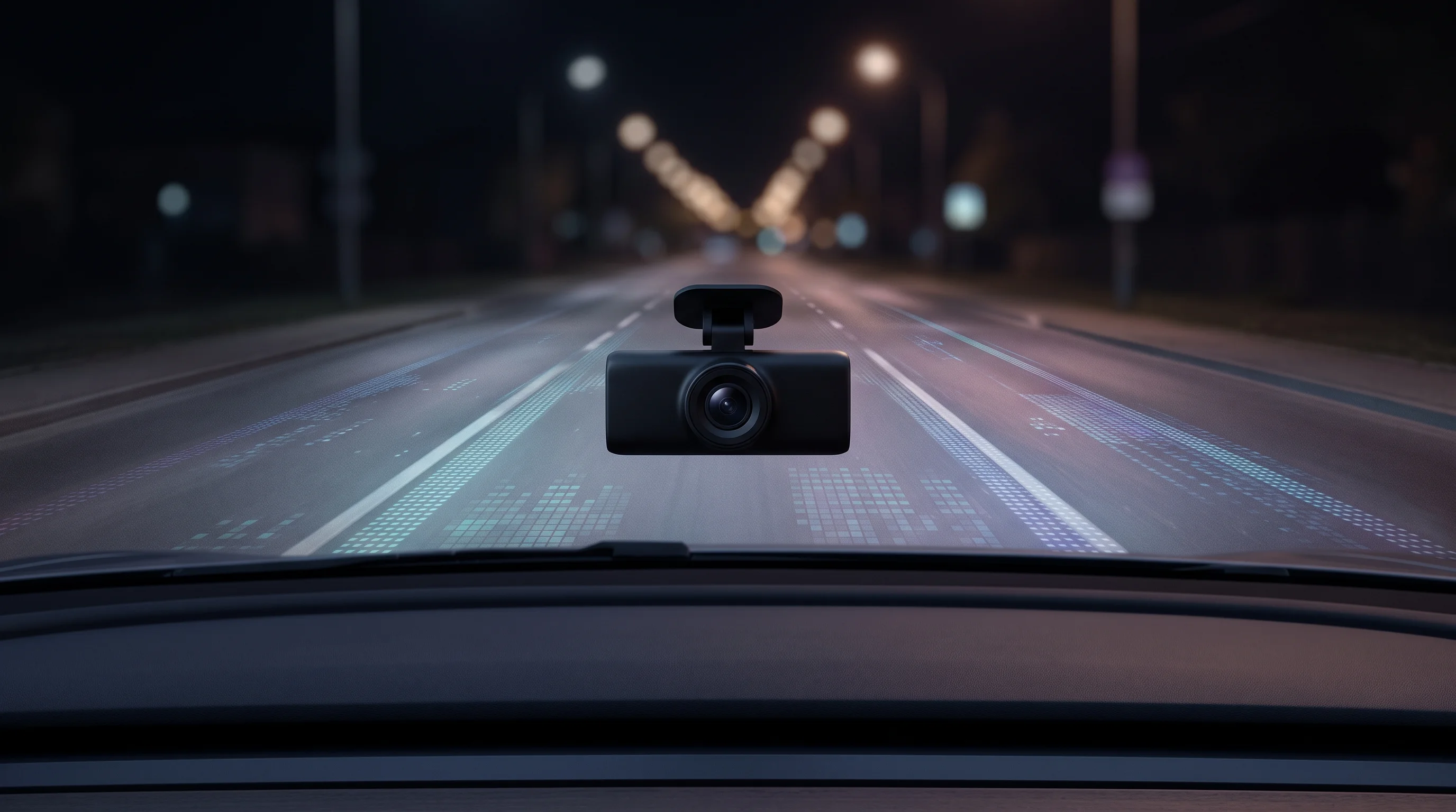 Digital illustration for article section "Content Section 3" in "Vangrid raises $9M to turn phones into AI mapping network" - A sleek, minimalist dashcam mounted on a clean vehicle dashboard, capturing a conceptual view of an ...