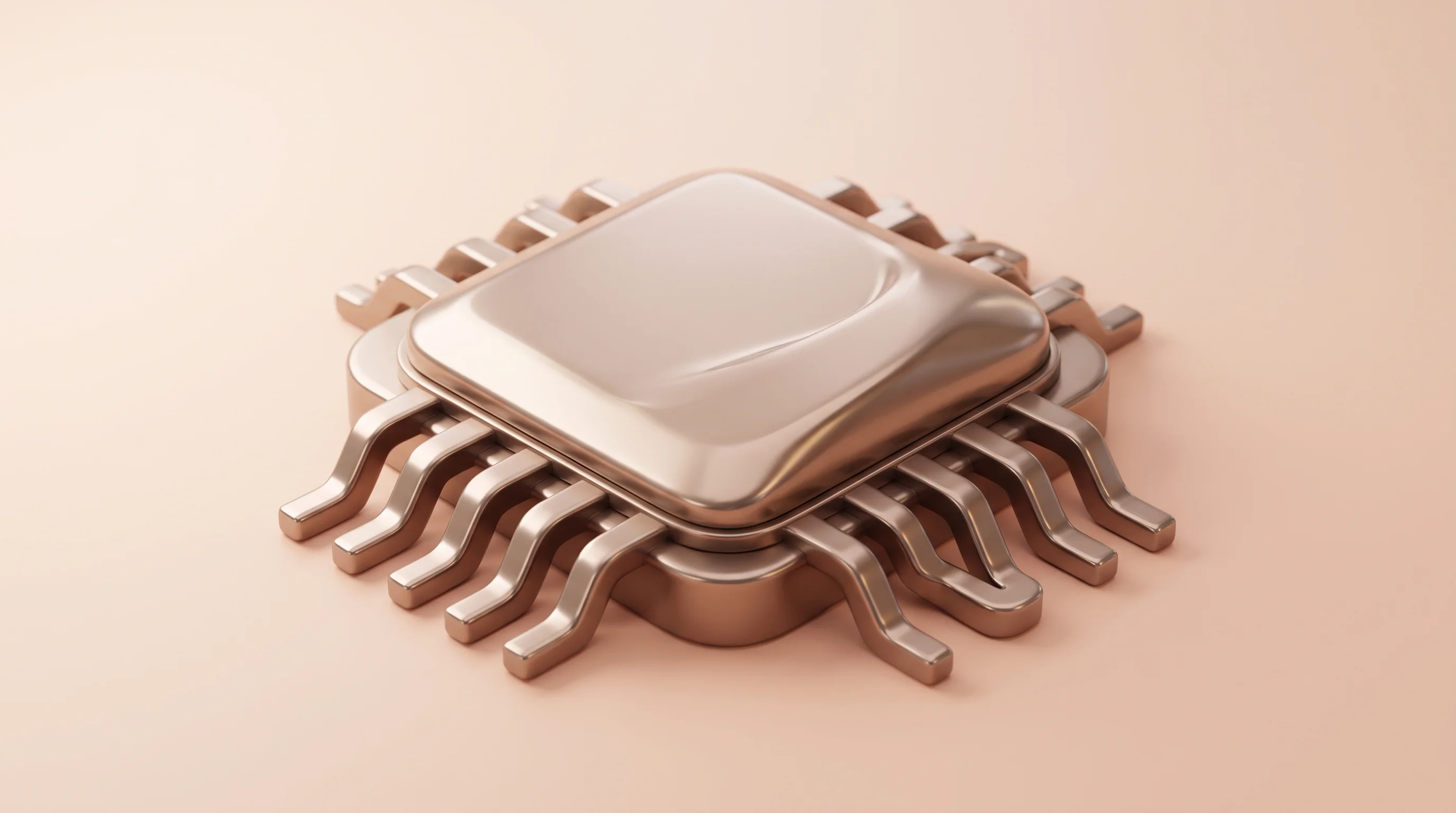 Digital illustration for article section "Hardcore Silicon" in "Startups etch AI models into chips to beat Nvidia GPUs" - A clean, minimalist 3D render of a highly stylized AI computer chip representing hardcore silicon, f...
