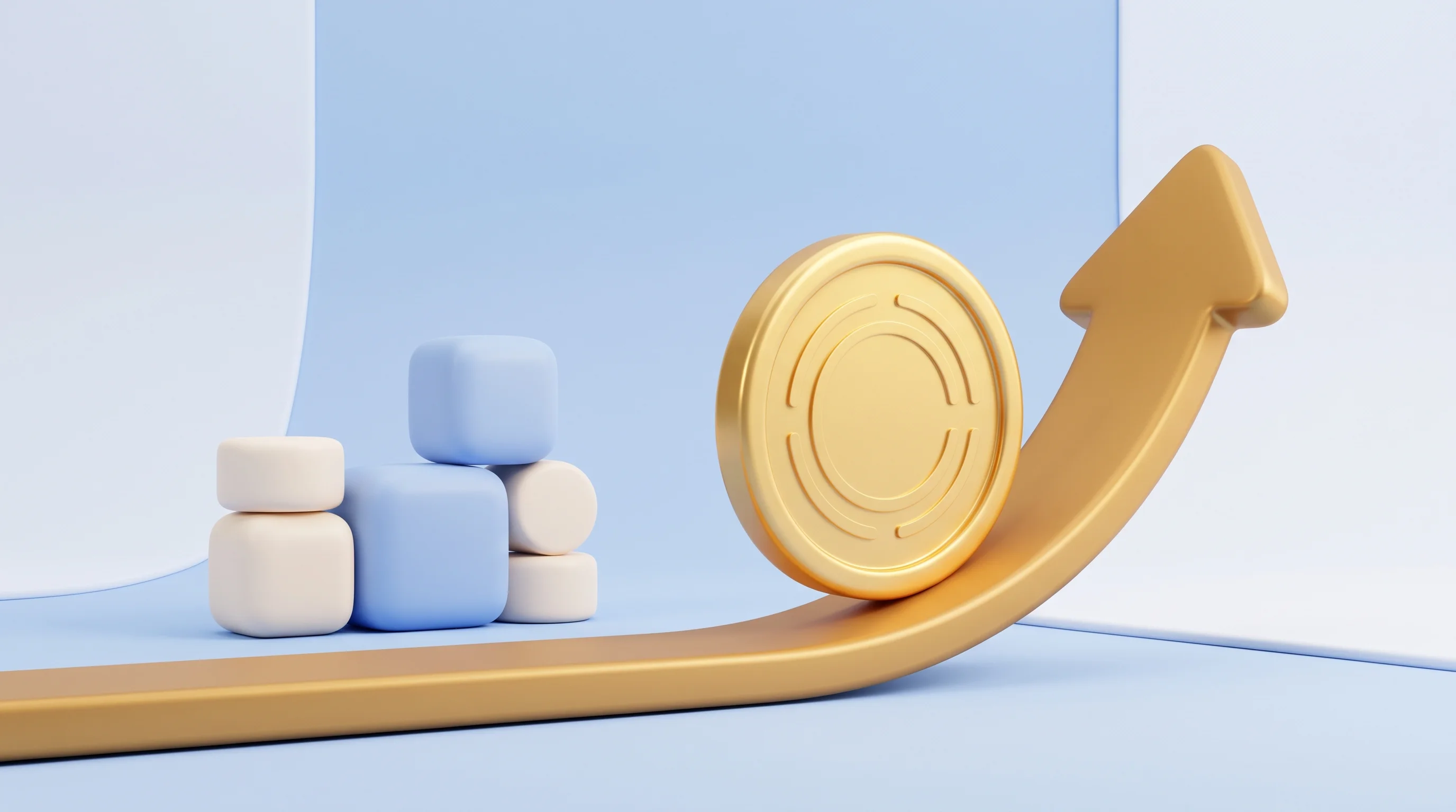 Digital illustration for article section "Market Signals" in "Startups etch AI models into chips to beat Nvidia GPUs" - A clean, minimal 3D composition representing capital market signals and investment growth, featuring...