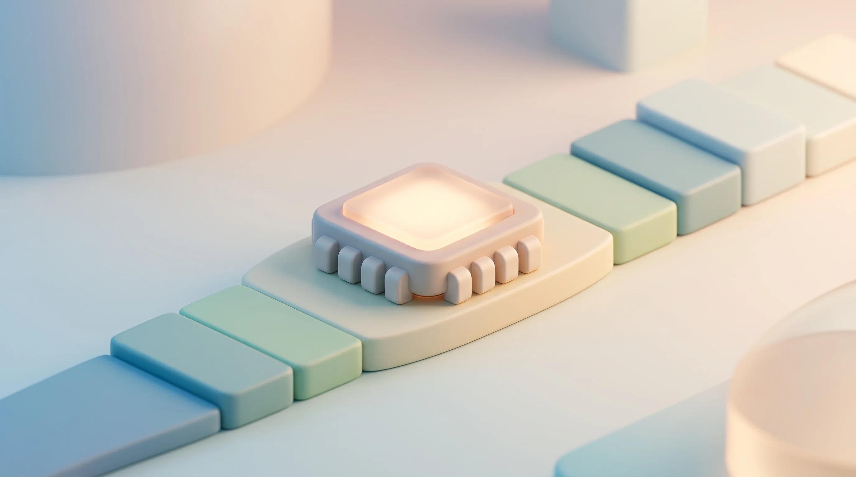 Digital illustration for article section "What Comes Next" in "Startups etch AI models into chips to beat Nvidia GPUs" - A clean, minimalist 3D rendering of a conceptual, friendly-looking silicon microchip with soft, roun...