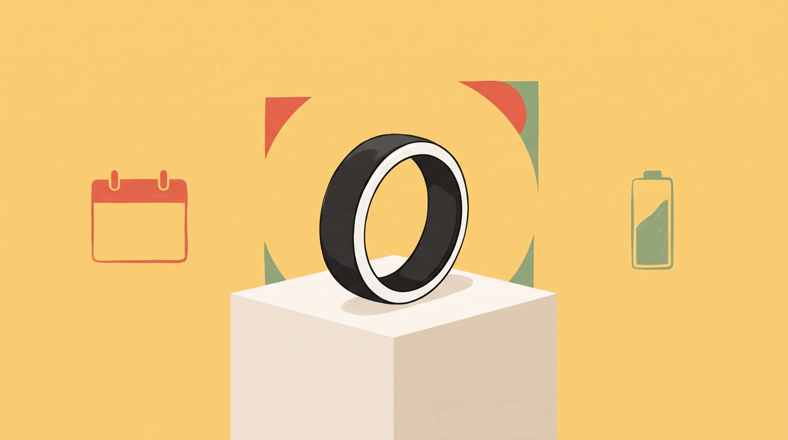 Digital illustration for article section "Content Section 3" in "Ultrahuman raises $70M to add AI and gaming to smart ring" - A warm minimalist illustration of a sleek, modern smart ring resting elegantly on a smooth, simple g...