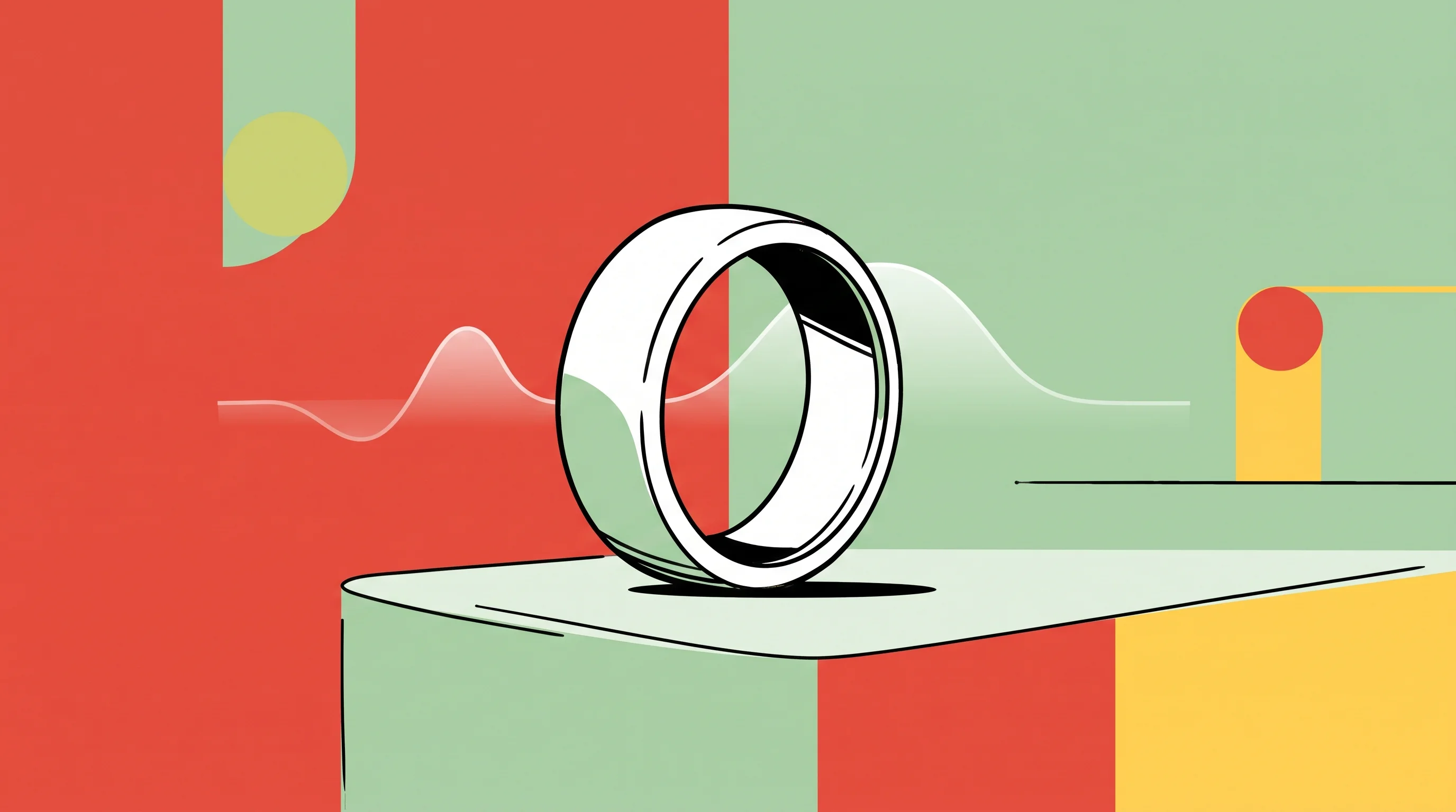 Digital illustration for article section "Content Section 5" in "Ultrahuman raises $70M to add AI and gaming to smart ring" - A sleek, modern smart ring serving as the central focal point, resting on a smooth geometric surface...