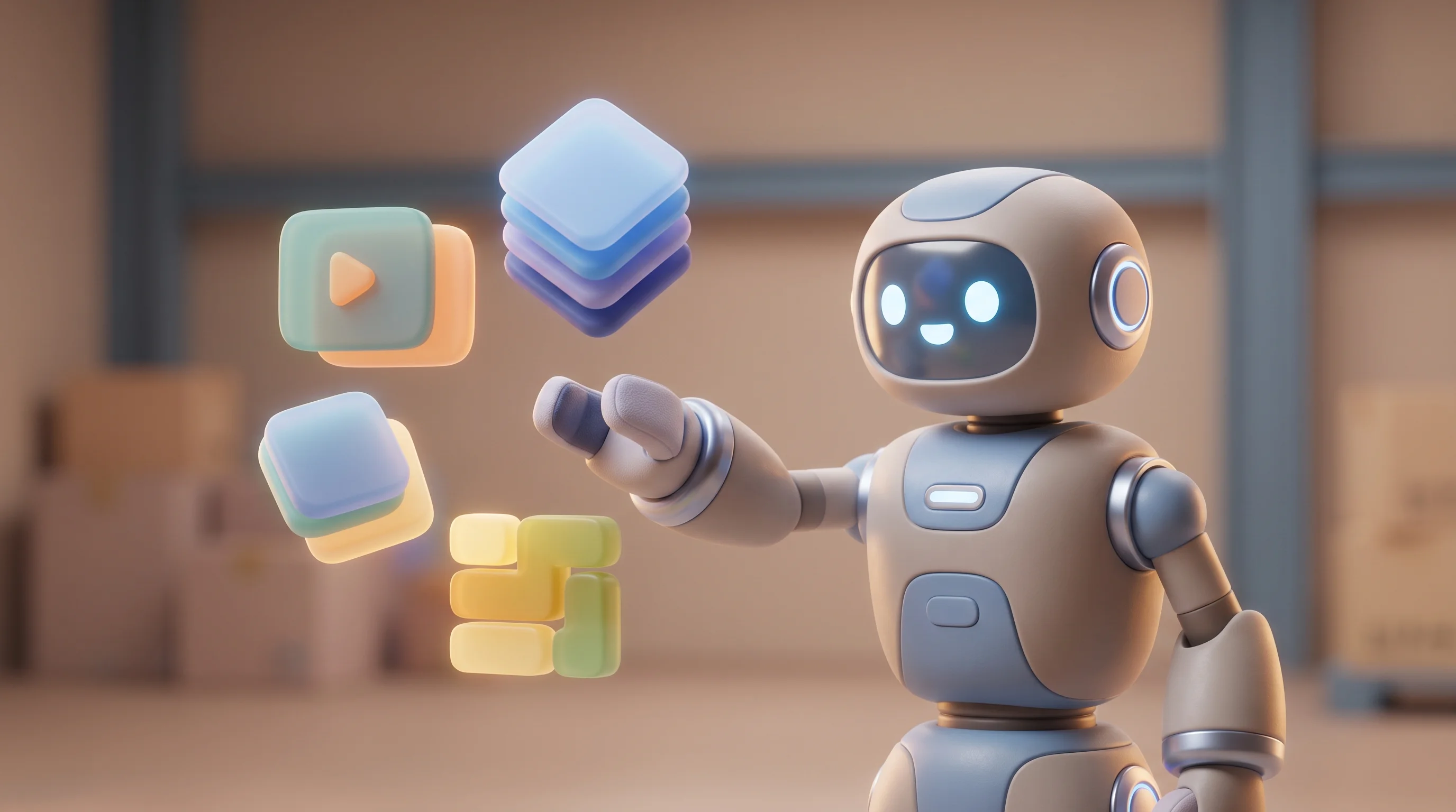 Digital illustration for article section "Content Section 3" in "Datoric builds training data engine for physical AI" - A modern, minimalist 3D cartoon illustration of a friendly, rounded warehouse robotic arm gently int...