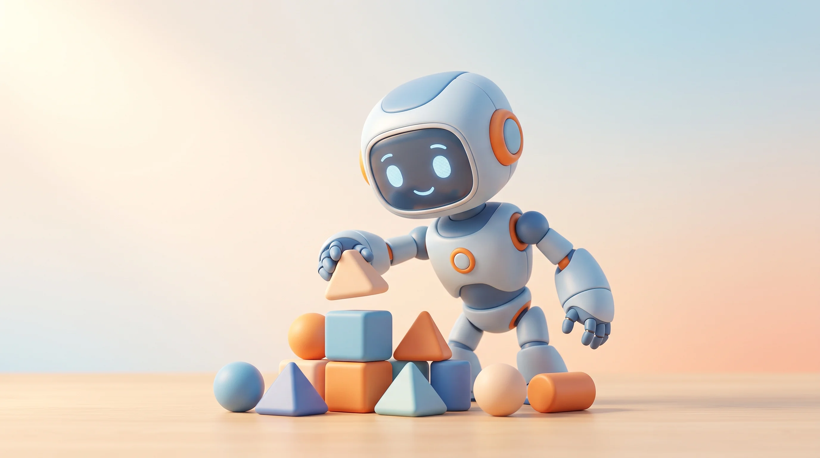 Digital illustration for article section "Content Section 4" in "Datoric builds training data engine for physical AI" - A minimalist and modern 3D illustration of a friendly, humanoid robot playfully assembling soft-edge...